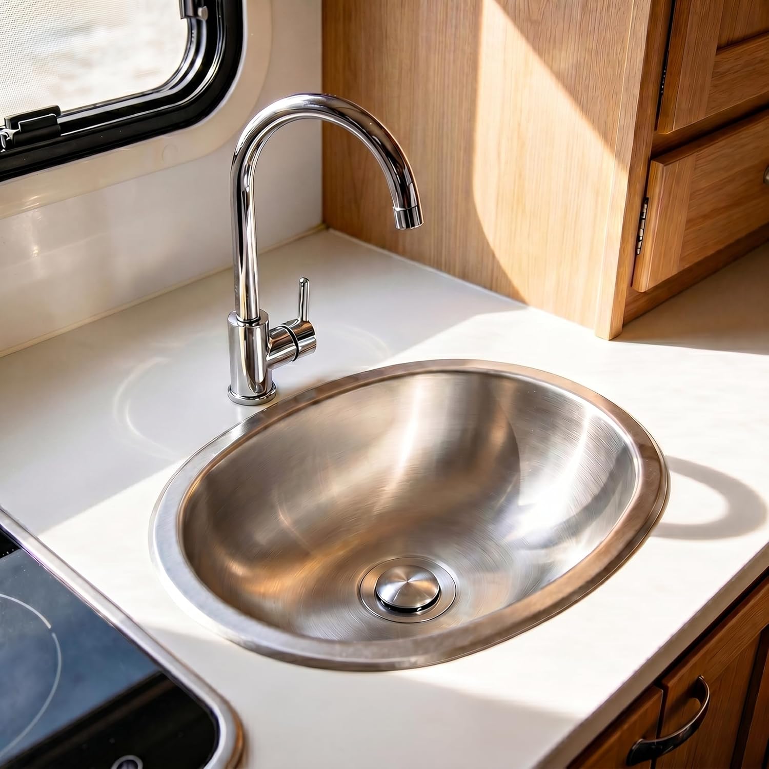 LQS Oval RV Bathroom Sink, 16.73" x 11.81" Stainless Steel Small Oval Kitchen Sink, 5.12" Depth, Undermount/Top Mount RV Kitchen Bar Sink with Sink Drain Assembly