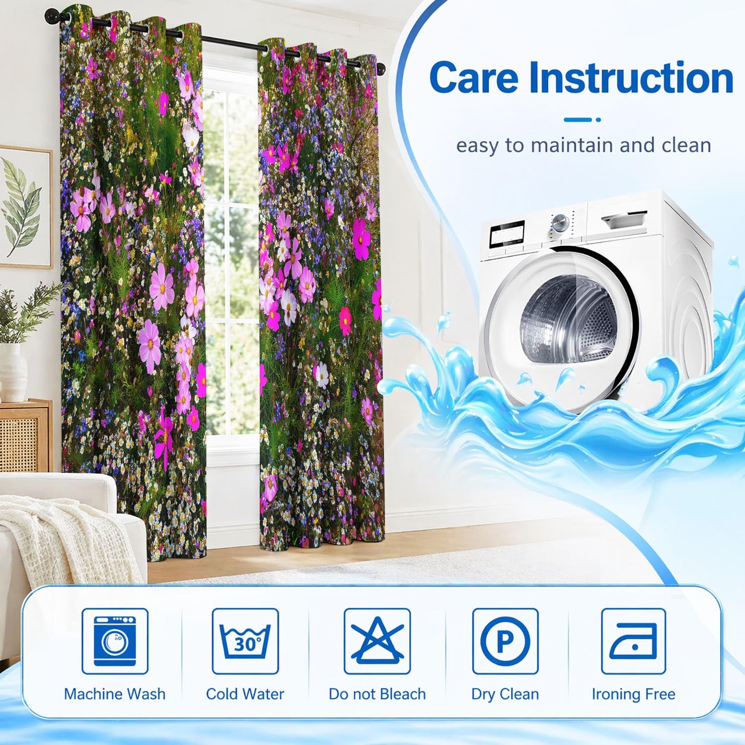 Generisch Kosmeen Gänseblümchen Wildblumen Verdunklungsvorhänge mit Ösen Landhaus Rustikal Blickdichte Gardinen Blackout Vorhang Thermo Weich für Schlafzimmer und Wohnzimmer 2er Set B 91.5 x H 214 cm