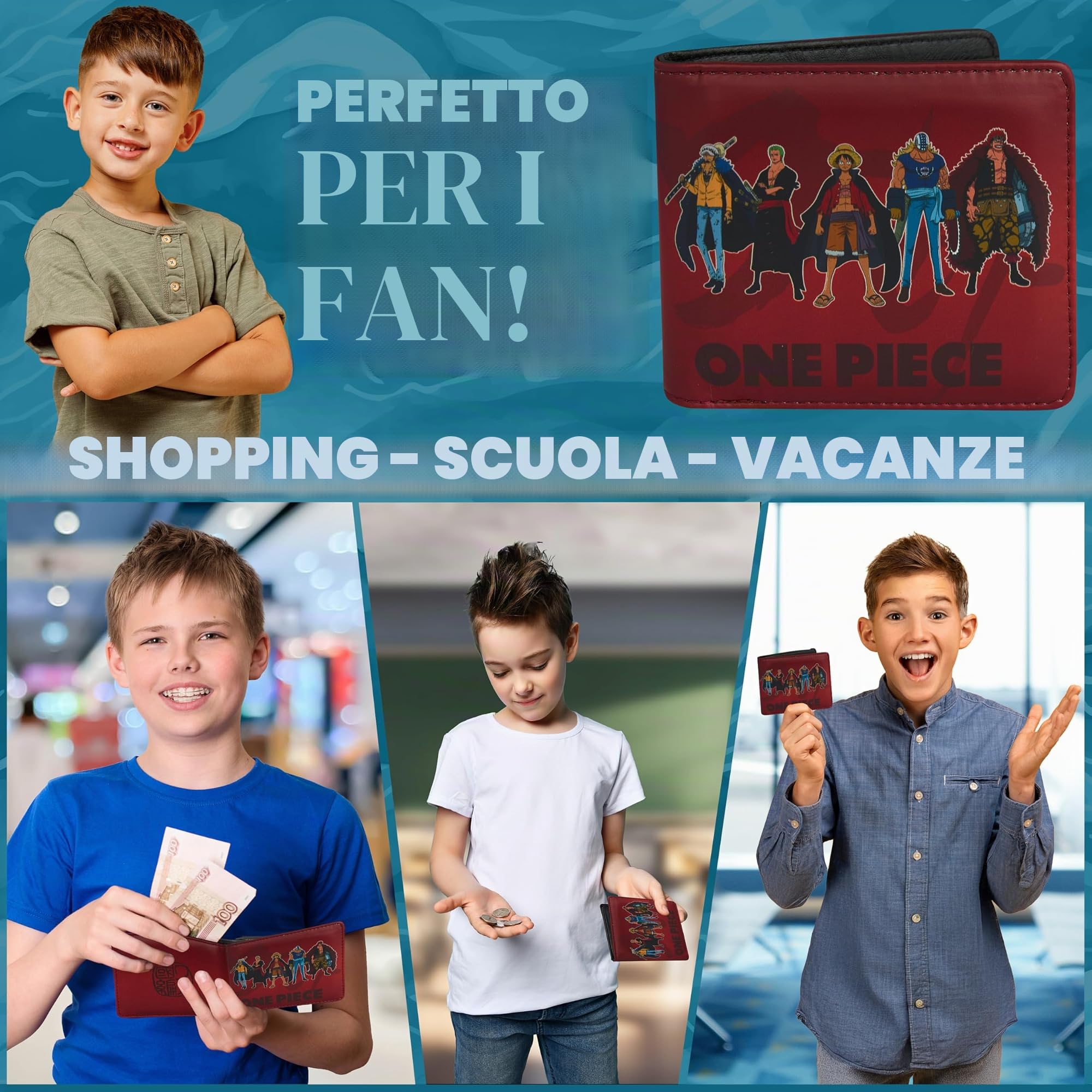 One Piece Portafoglio Ragazzo Uomo Bambini, Porta Carte e Porta Soldi Similpelle, Sottile Portafogli Anime, Accessori Viaggio (Borgogna)