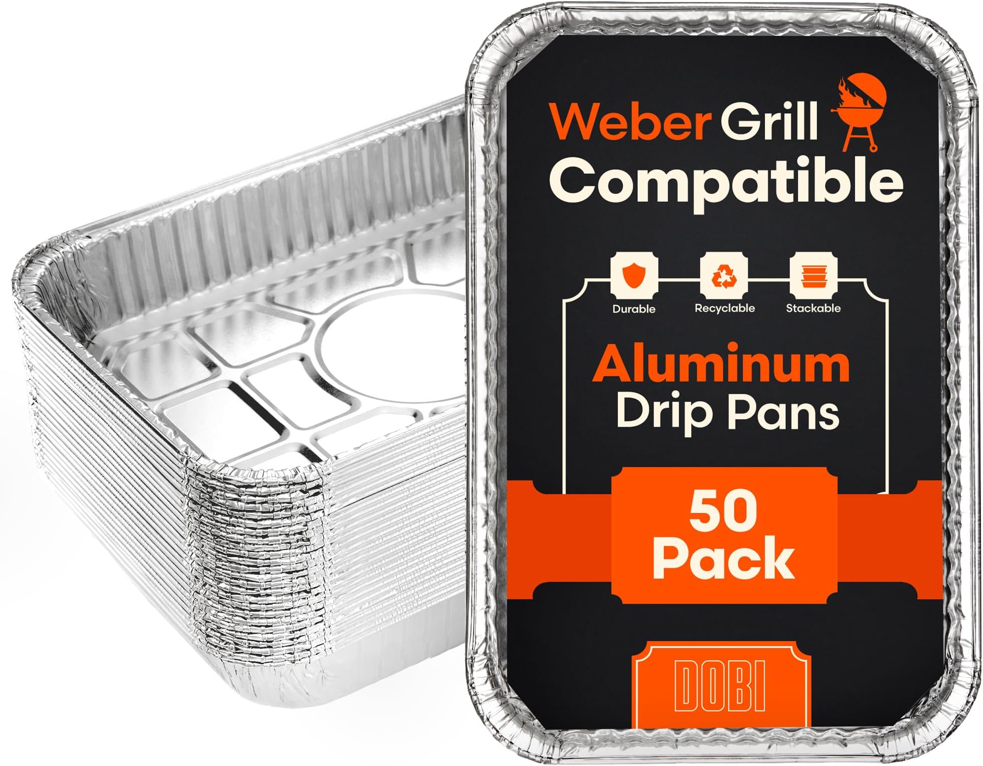 [50-Pack] Weber Grills Compatible Drip Pans, Bulk Package, Aluminum Foil BBQ Grease Pans for Easy Drain Management of Weber Grills - 8 1/2" x 6"