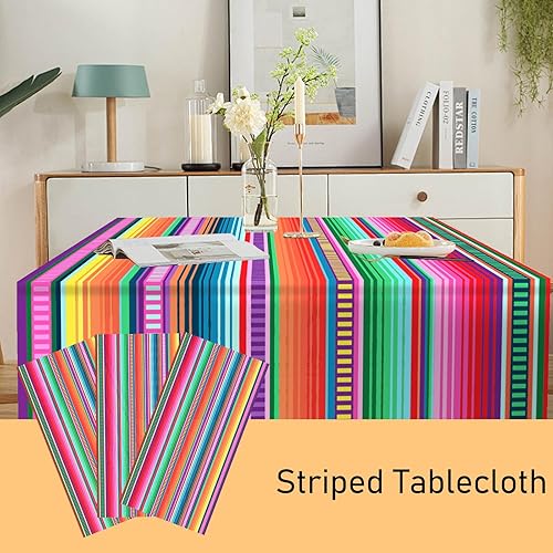 Miniatura 6 de Paquete de 3 manteles desechables de plástico mexicano de serape, 54 x 108 pulgadas, a rayas mexicanas, para bodas, fiestas de cumpleaños,