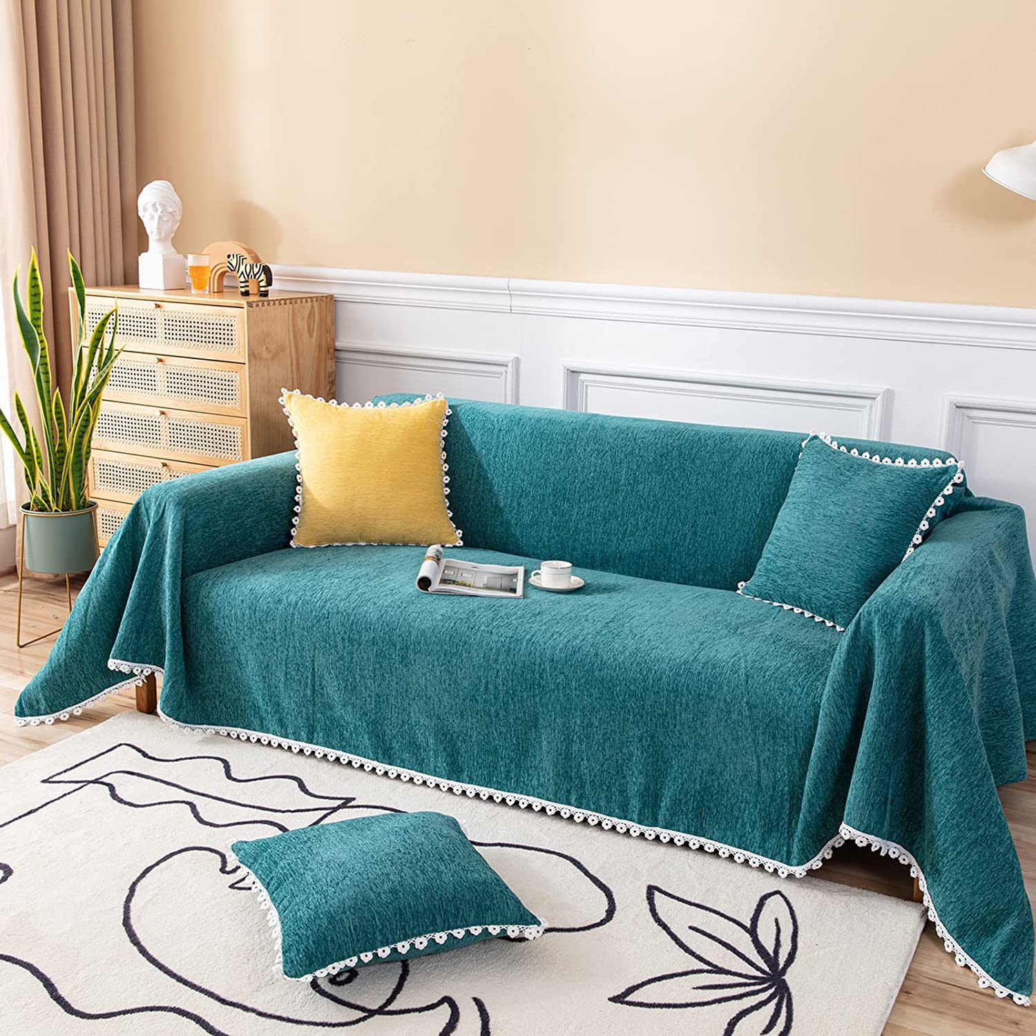 DREAMINGO Modern Minimalist Sofa Covers for 3 Cushion Couch Sofa Chenille Couch Cover 71" x 134" Multi-Use Sofa Slipcovers with Hollow Lace Furniture Protector Couch Cover for Dogs Pets, Bluish Green — image 1
