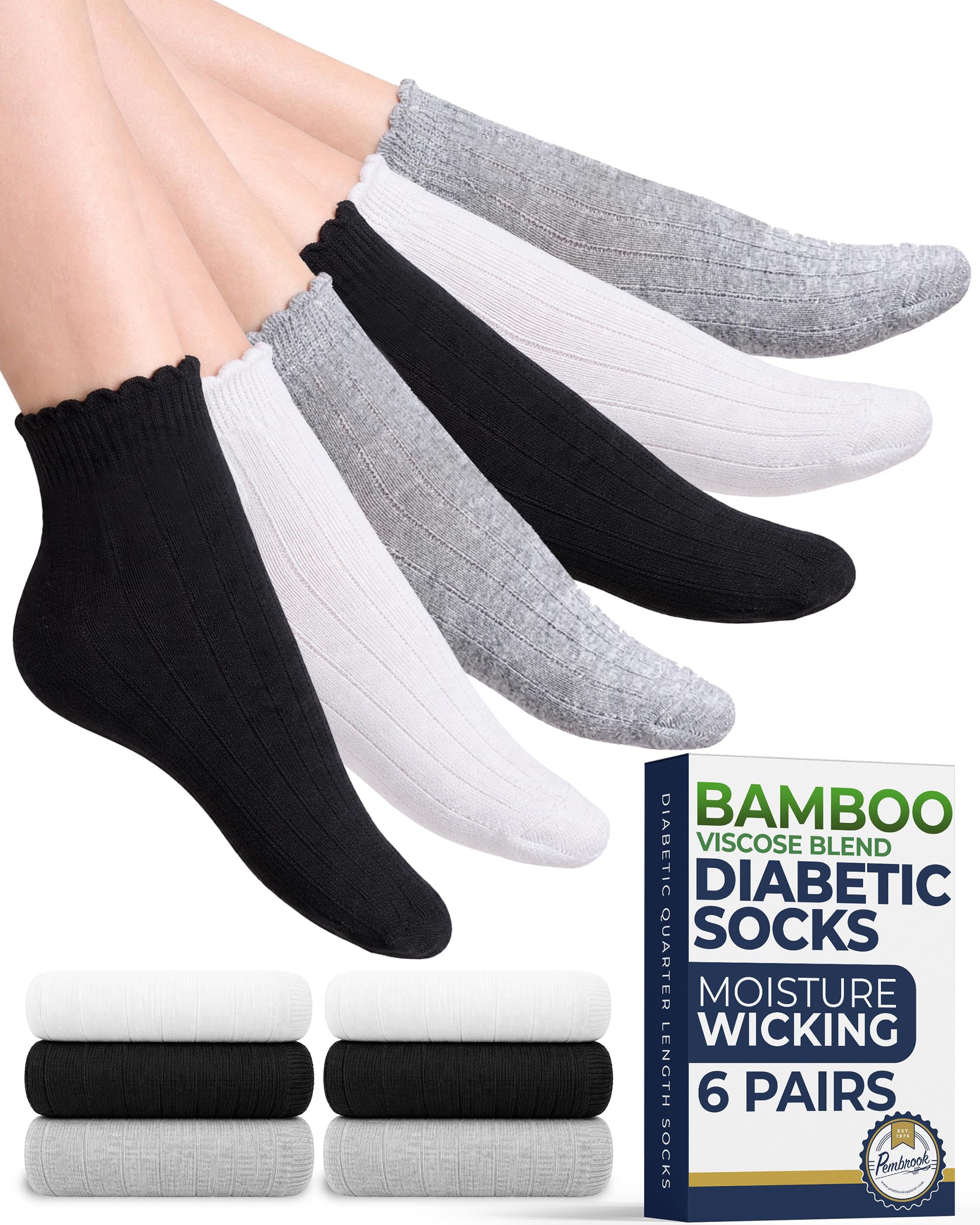 Pembrook® Frill Knit Bamboo Viscose Diabetic Socks for Women &amp; Men 6 Pairs
