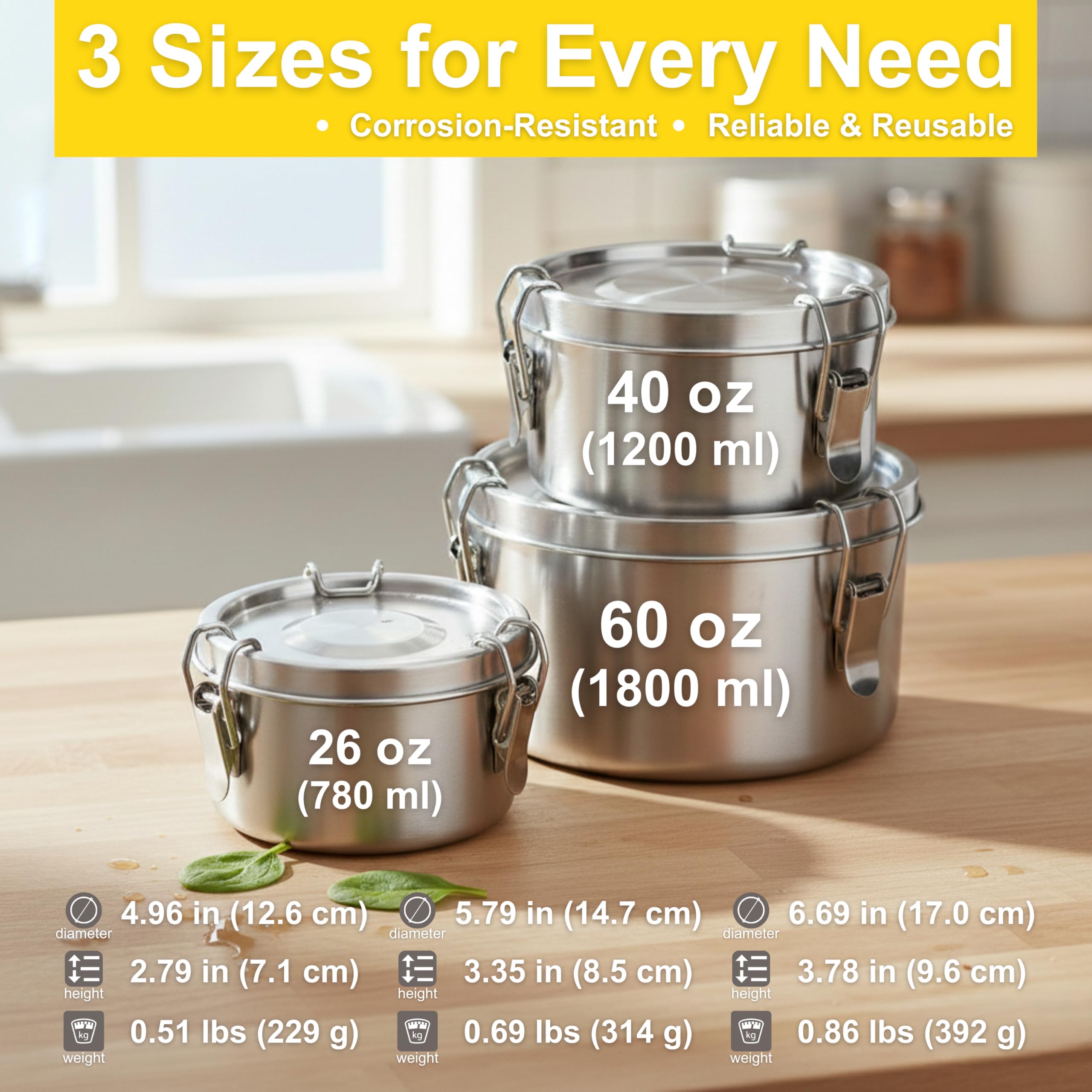 AVARO 3 Stück Edelstahl Behälter mit Deckel - Auslaufsichere 304 Edelstahl Frischhaltedosen mit Clips, BPA-freie Metall Lunchbox Spülmaschinenfest Stapelbar Meal Prep Container