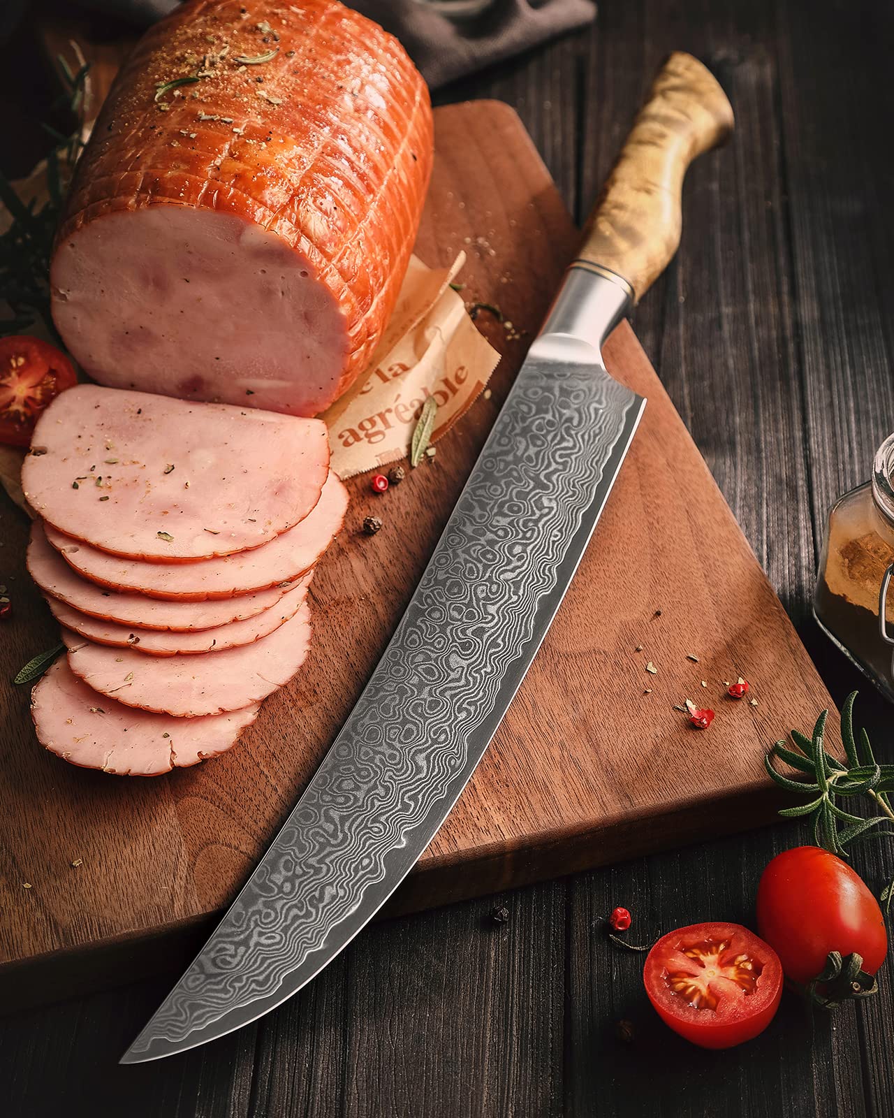 HEZHEN 10-Inch Slicing Knife with Granton Edge –67 Layers Damascus Steel, Professional Carving Knife for Brisket, Roast & BBQ, Figured Sycamore Handle — Amazon image 6