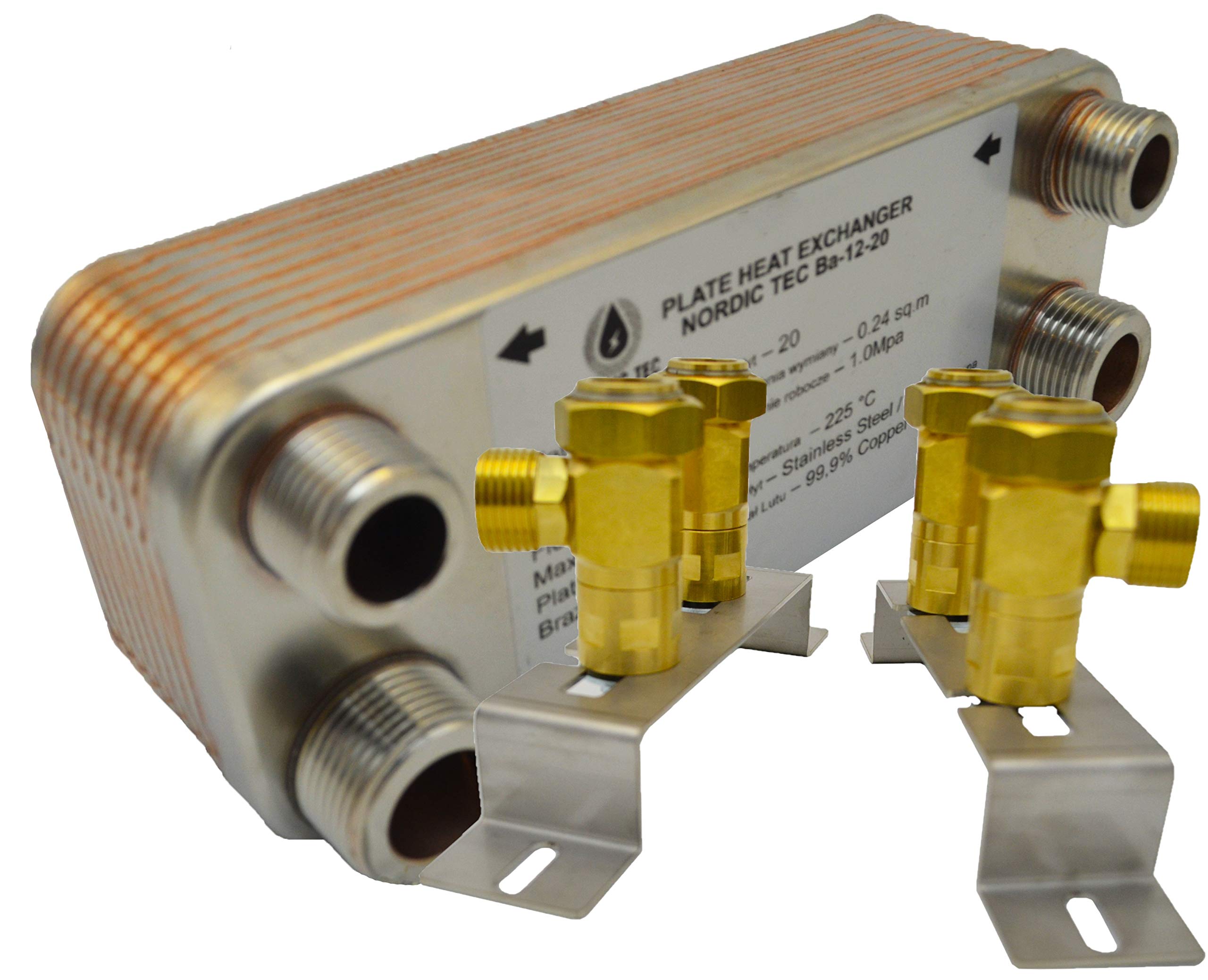 Intercambiador de calor Nordic Tec Ba-12-20, de acero inoxidable, 20 placas, 45 kW, 3/4", con fijación a pared y piezas de conexión.