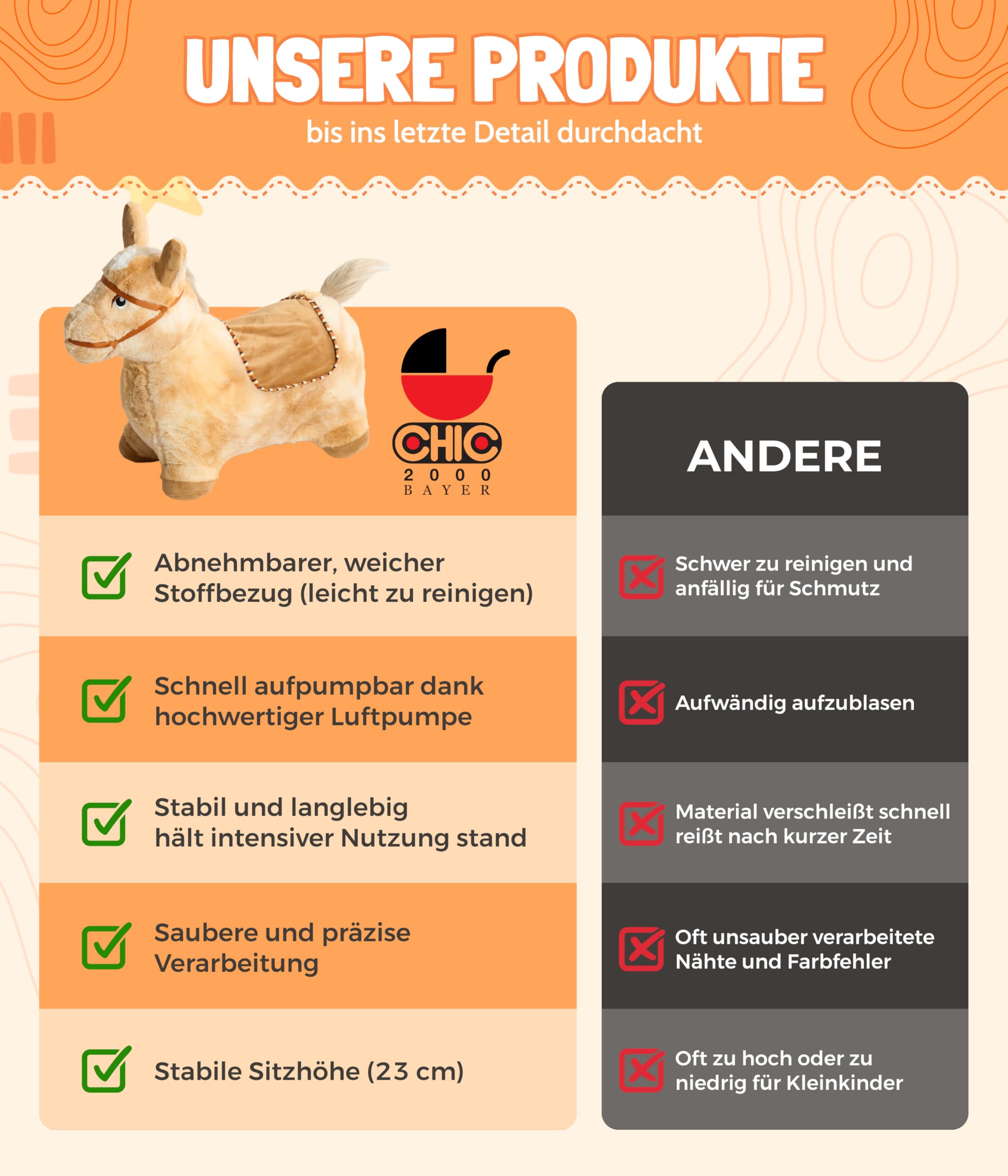 Bayer Chic 2000® Aufblasbares Hüpftier – Braunes Pferd –Mit weichem abnehmbarem Bezug & Luftpumpe – Perfekt für Mädchen & Jungen – Ab 18 Monaten