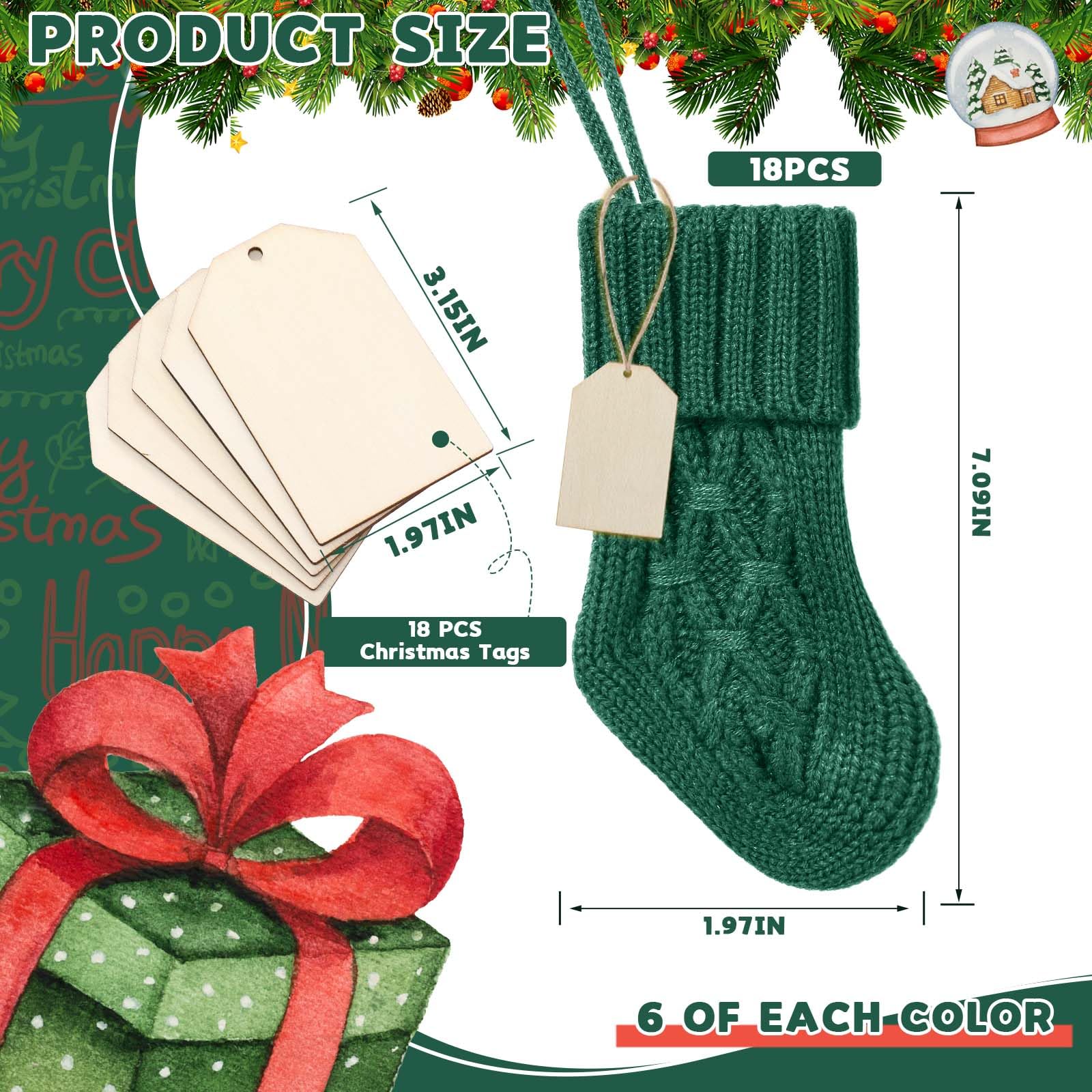 18 Stück Mini-Weihnachtsstrümpfe, 18 cm, gestrickter Weihnachtsstrumpf mit 18 Stück Weihnachtsanhänger für Familie, Freunde, Weihnachten, Kamin, hängende Strümpfe, Urlaubsdekorationen, Strümpfe