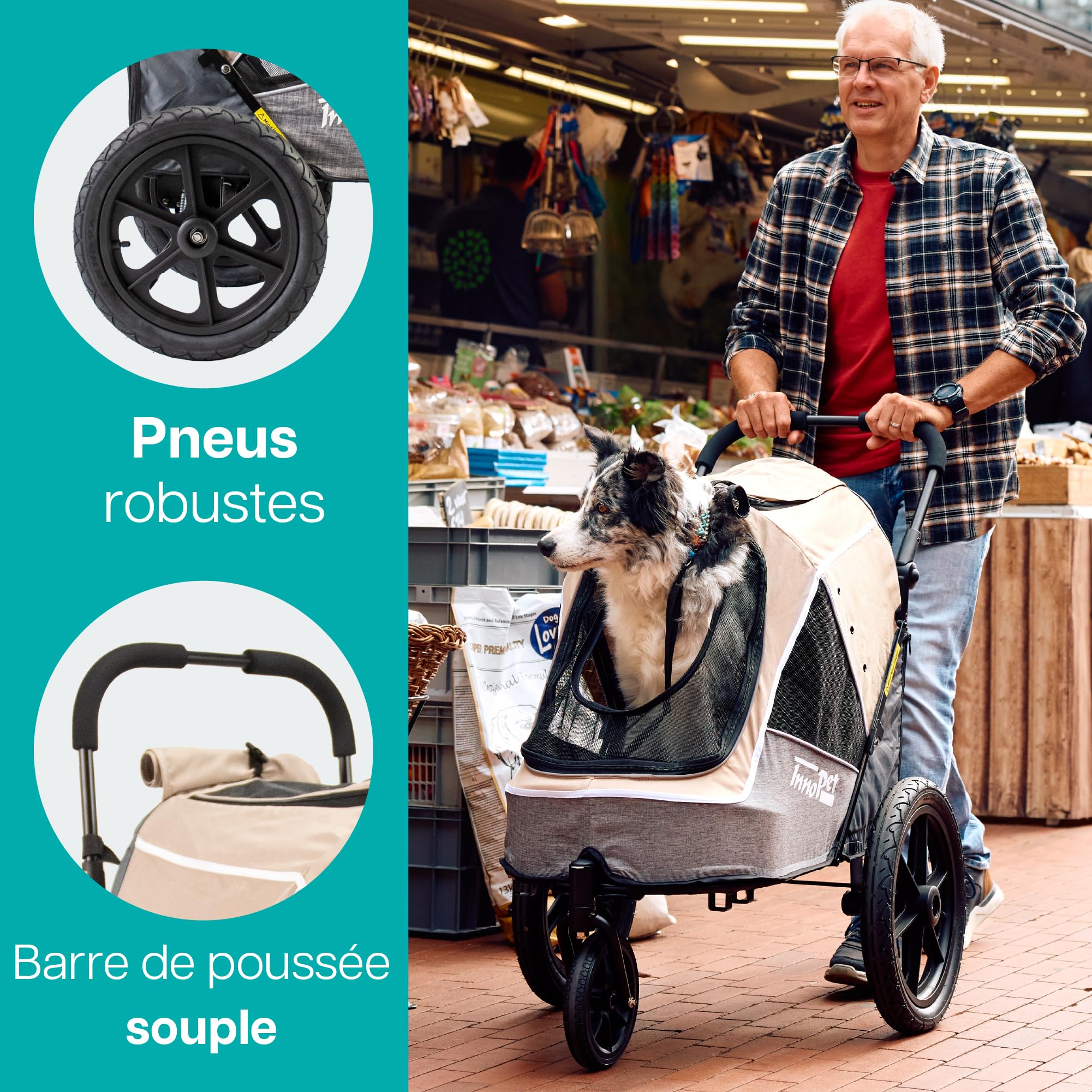 Poussette et remorque pour chien 2 en 1 Innopet Sporty Evolution Latte - Beige/Gris, capacité de 30 kg avec housse de pluie - Poussette pour chat et buggy pour animaux de compagnie