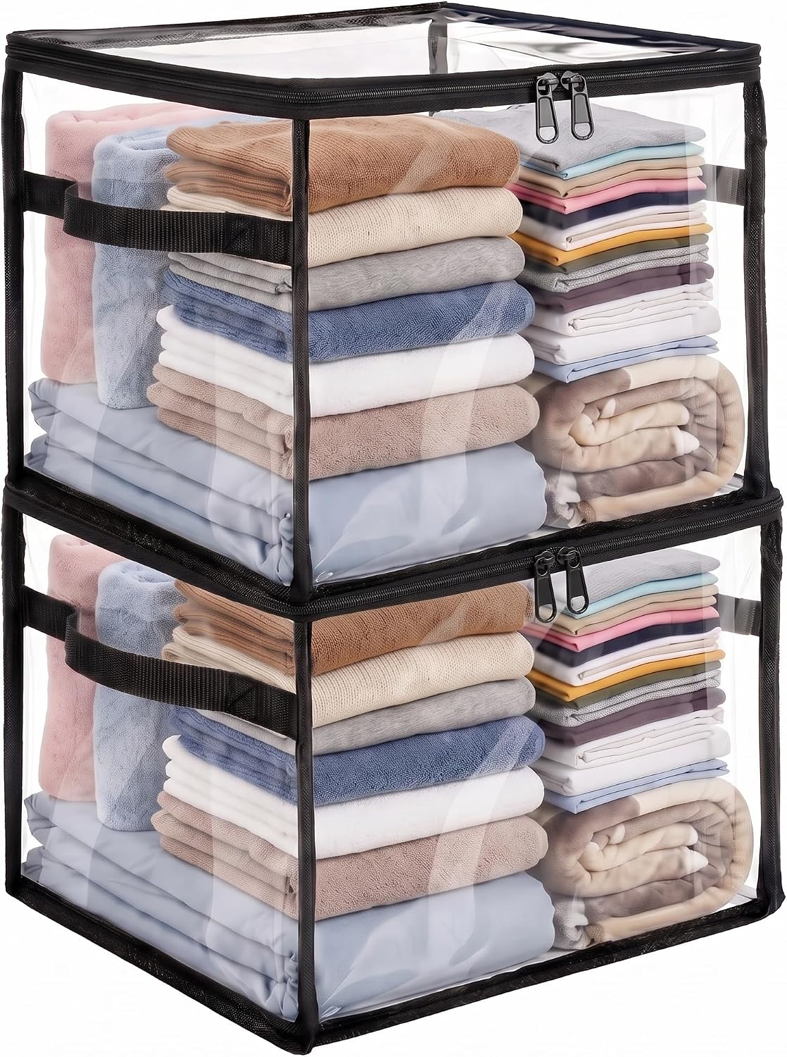 Large transparent PVC storage bags, pack of 2, 24.4‘ x 17.7’ x 22.4" | foldable storage bags with reinforced handles and zips, suitable for storing bed linen, blankets, duvets, clothes and toys