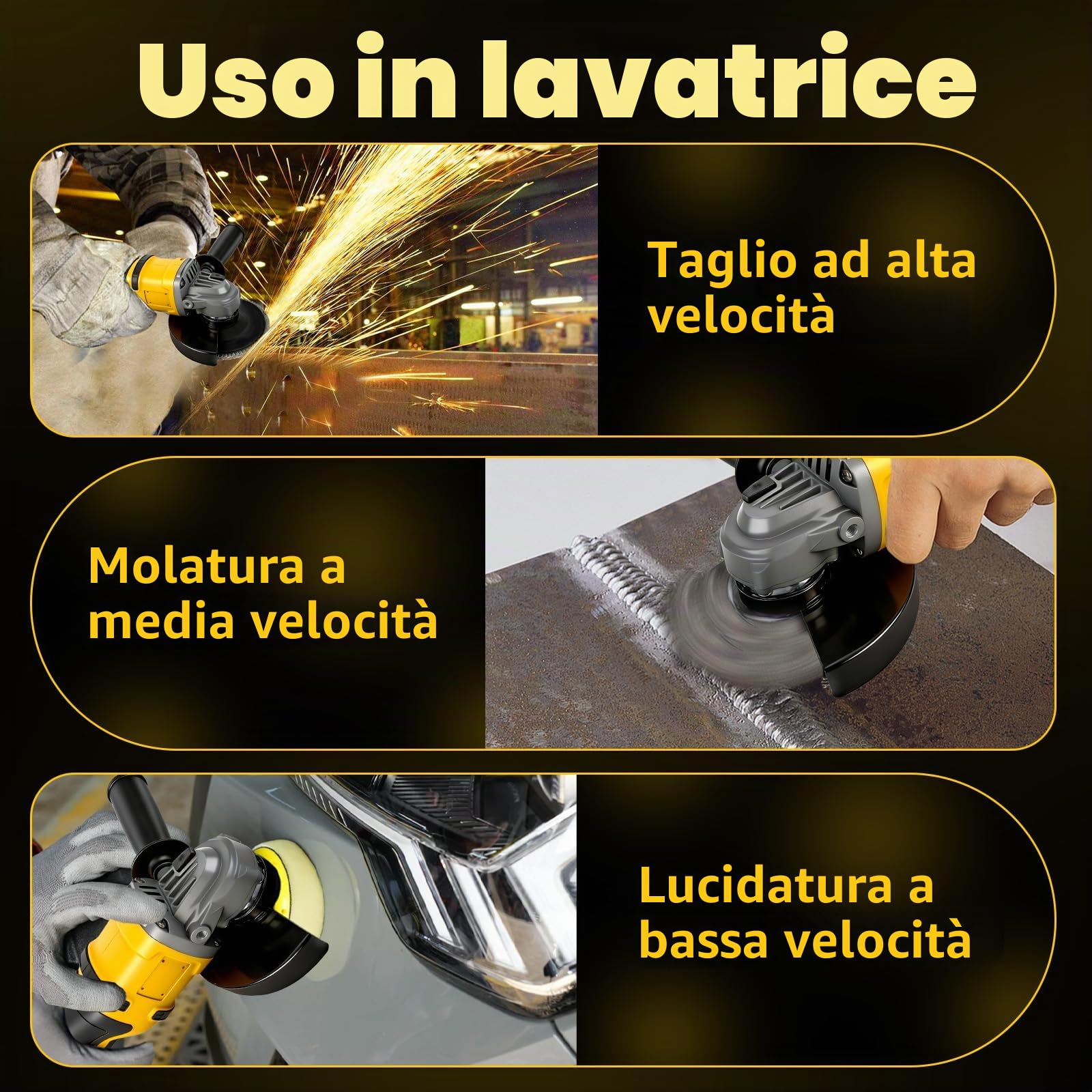 Smerigliatrice angolare compatibile con Dewalt batteria 18V, Ø125mm, Motore Senza Spazzole, 3 Velocità, Protezione Rapida, Manico Anti-Vibrazione, Incl. Dischi(senza batteria) (DW Giallo)