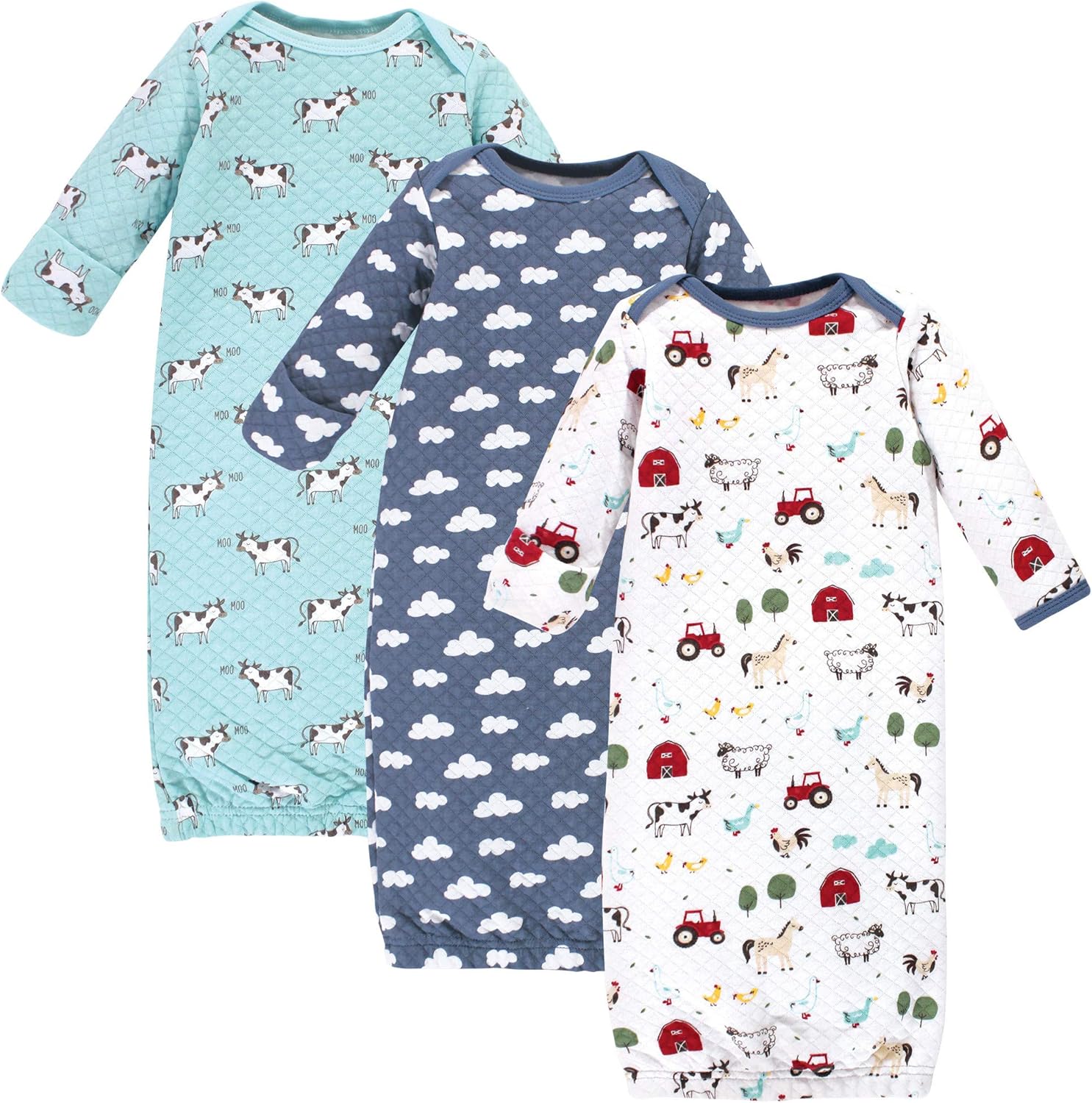 Hudson Baby Baby Hudson Baby Unisex Baby Quilted Cotton Gowns 3pk, Moose Bear, 0-6 Months