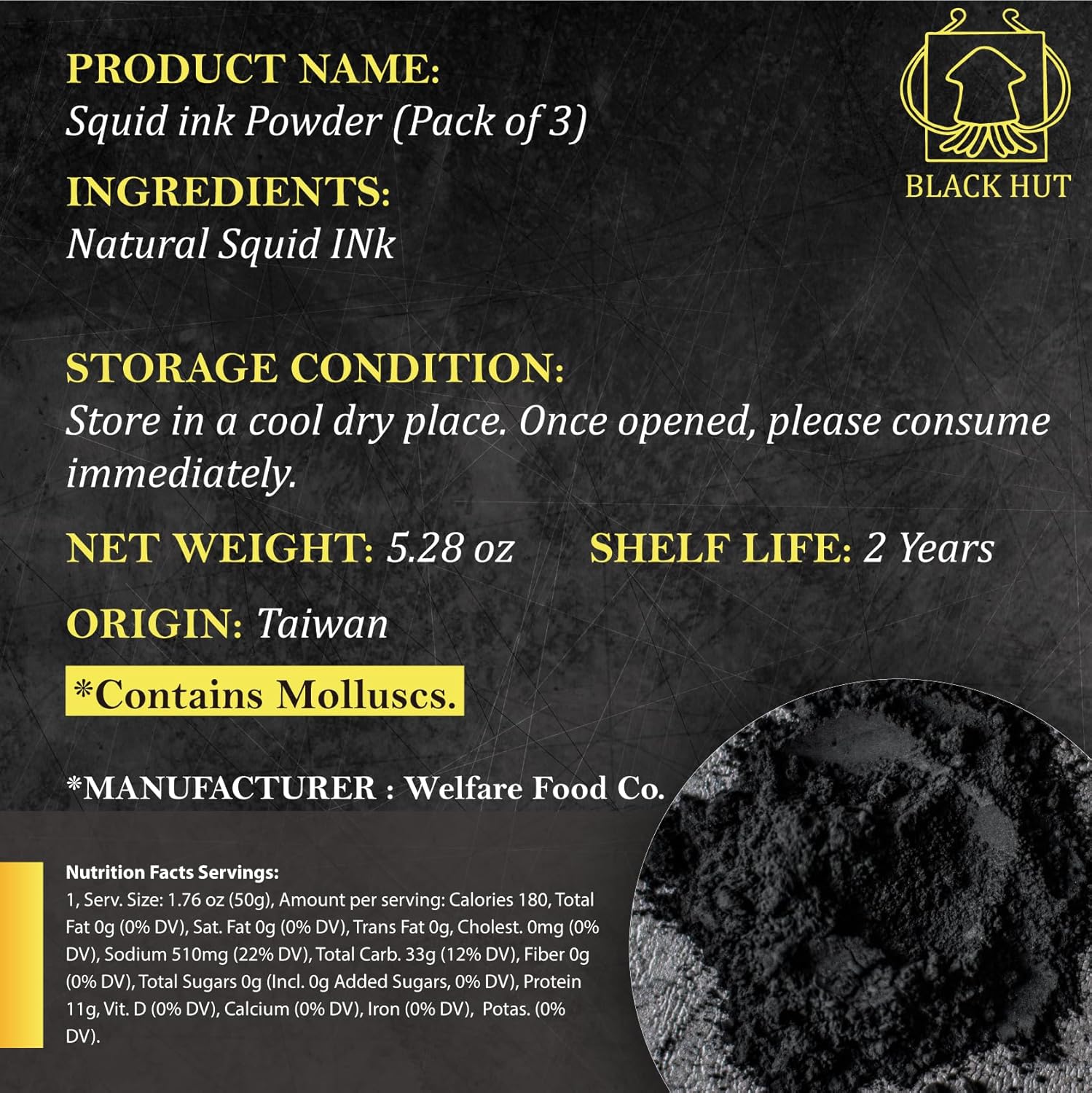 Black Hut Cuttlefish Squid Ink Powder, Perfect for Festive Baking & Cooking, Ideal for Rice, Noodles, Pasta, Spaghetti, Risotto, Tinta de Sepia, Halal Certified, Contains Molluscs, 1.76oz / 50g