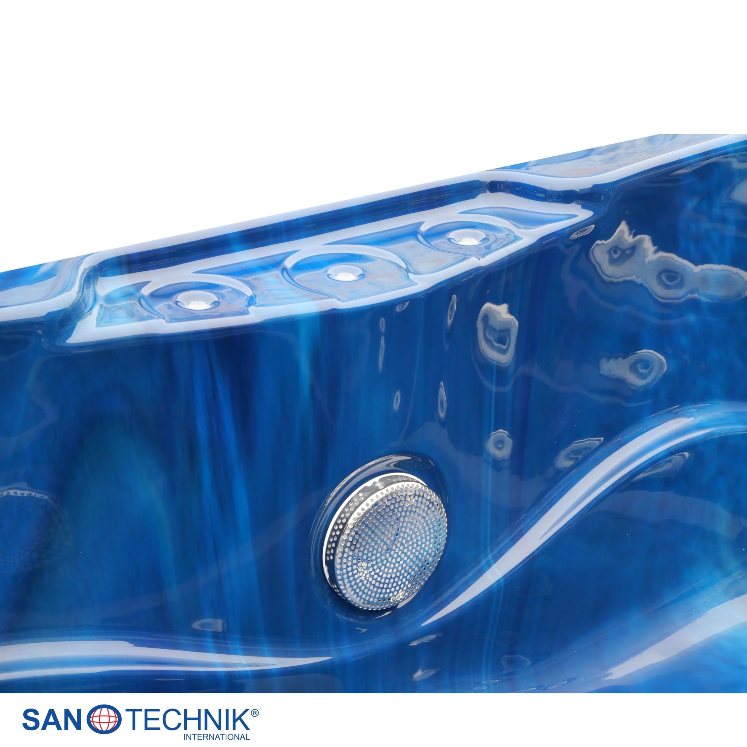 Sanotechnik Outdoor Whirlpool Modena blu – con copertura – Dimensioni 205 x 130 x 70 cm, 35 ugelli massaggianti, illuminazione a LED, radio, altoparlante, Bluetooth, SPA Whirlpool per 3 persone