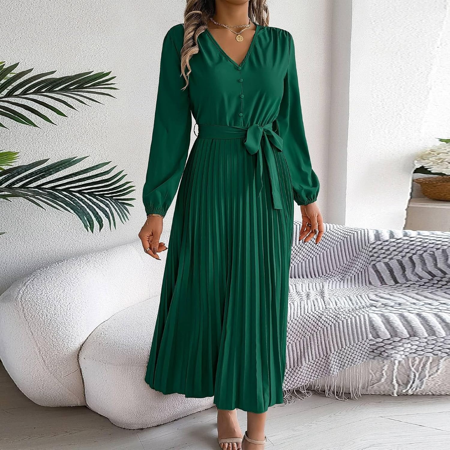 BAXLIMEK Beach Dresses for Women,2025 Spring Summer Elegant Trendy V Neck Button Down Midi Dress Dressy Casual Office Work Long Sleeve Dress with Belt Flowy Pleated A Line Dress(E-Dark Green,L)