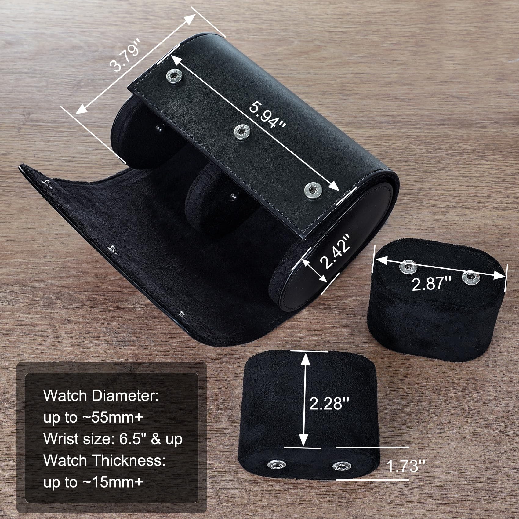 Uhren-Reiseetui für Herren und Damen, 2 Schlitze, Leder, Uhrenrolle, Reiseetui, Uhren-Box, Aufbewahrungs-Organizer und Display-Halter für schwarze 2 Uhren