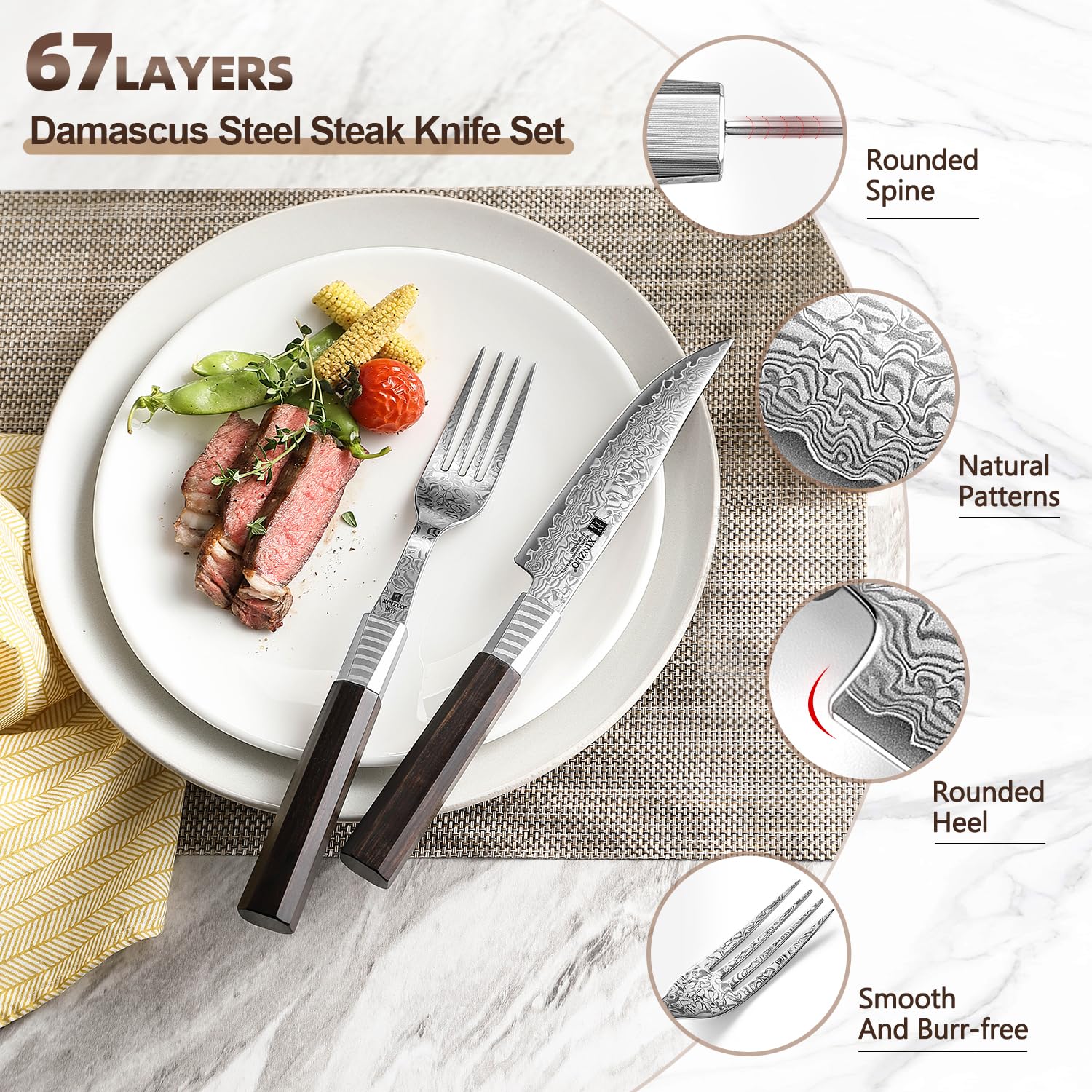 XINZUO Set de Couverts à Steak 2 Pièces-67 Couches Acier Damas Couteaux et Fourchettes à Steak-Couteau de Table Ensemble de Couteaux à Dîner-Ergonomique Poignée en Bois de Ébène-avec Boîte Cadeau
