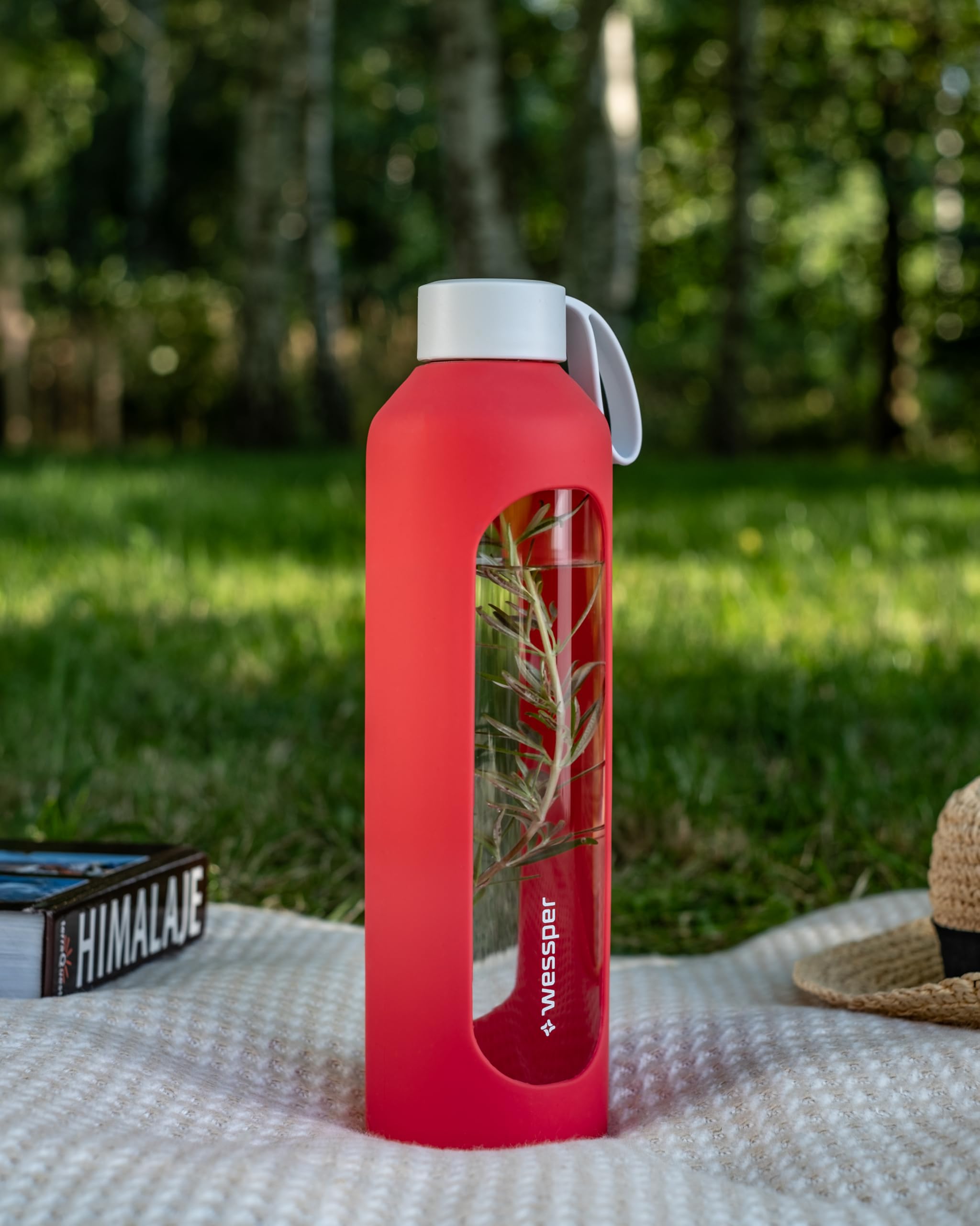 Wessper Borraccia in vetro rivestimento in silicone, bottiglia in vetro borosilicato con indicazione del tempo 1 litro, borraccia sportiva Ideale per fitness, scuola, sport, bambini – Rosso