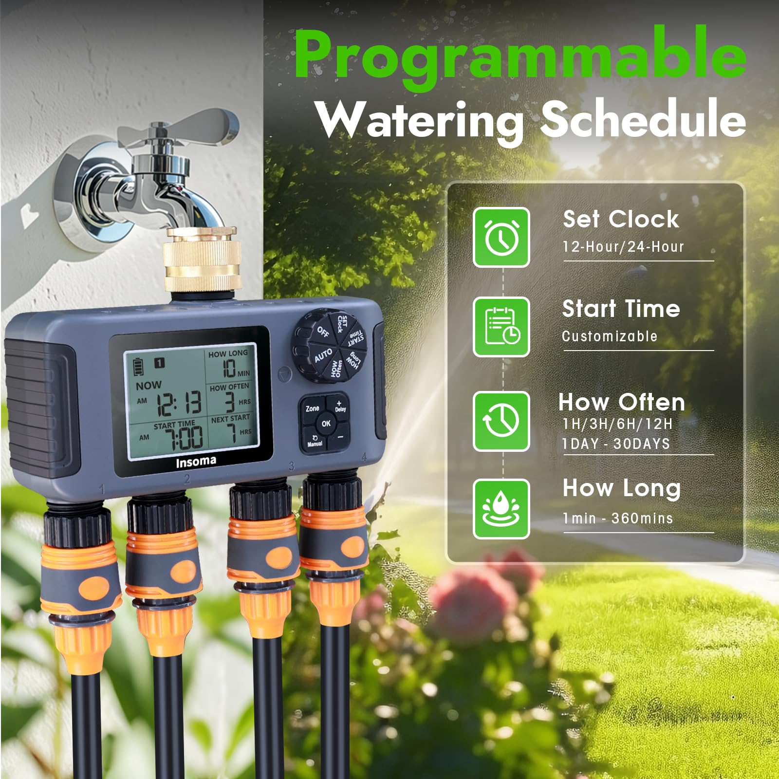 Insoma Timer per irrigatore a 4 zone con ingresso in ottone
