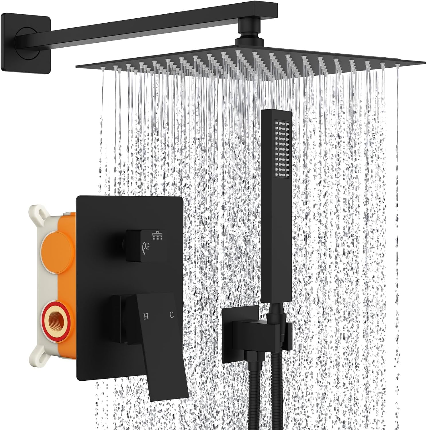 Système de Douche Encastré Noir - Colonne de Douche avec Mitigeur Encastrable, Ensemble de Douche avec Carrée Douche de Tête, Douchette, Corps en Laiton, Colonne Douche Salle de Bain