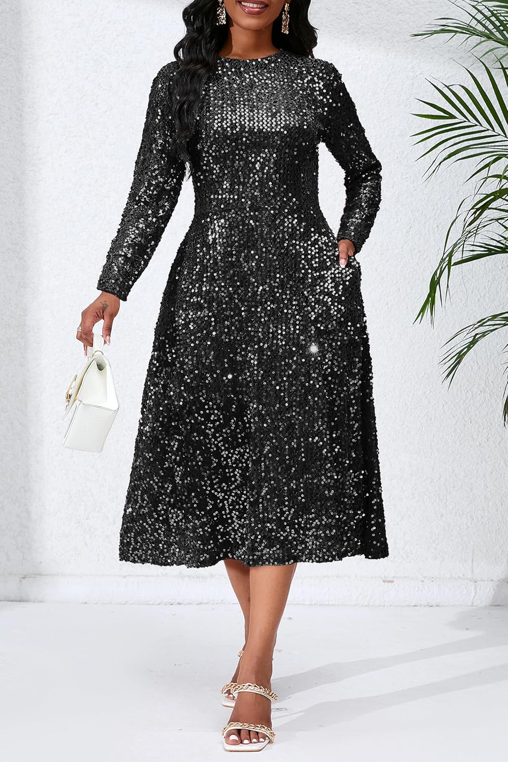 Long Sleeve Glitter Women's Maxi A-line Sparkly Party Evening Cocktai Elegant Sequins Dress - Image 2