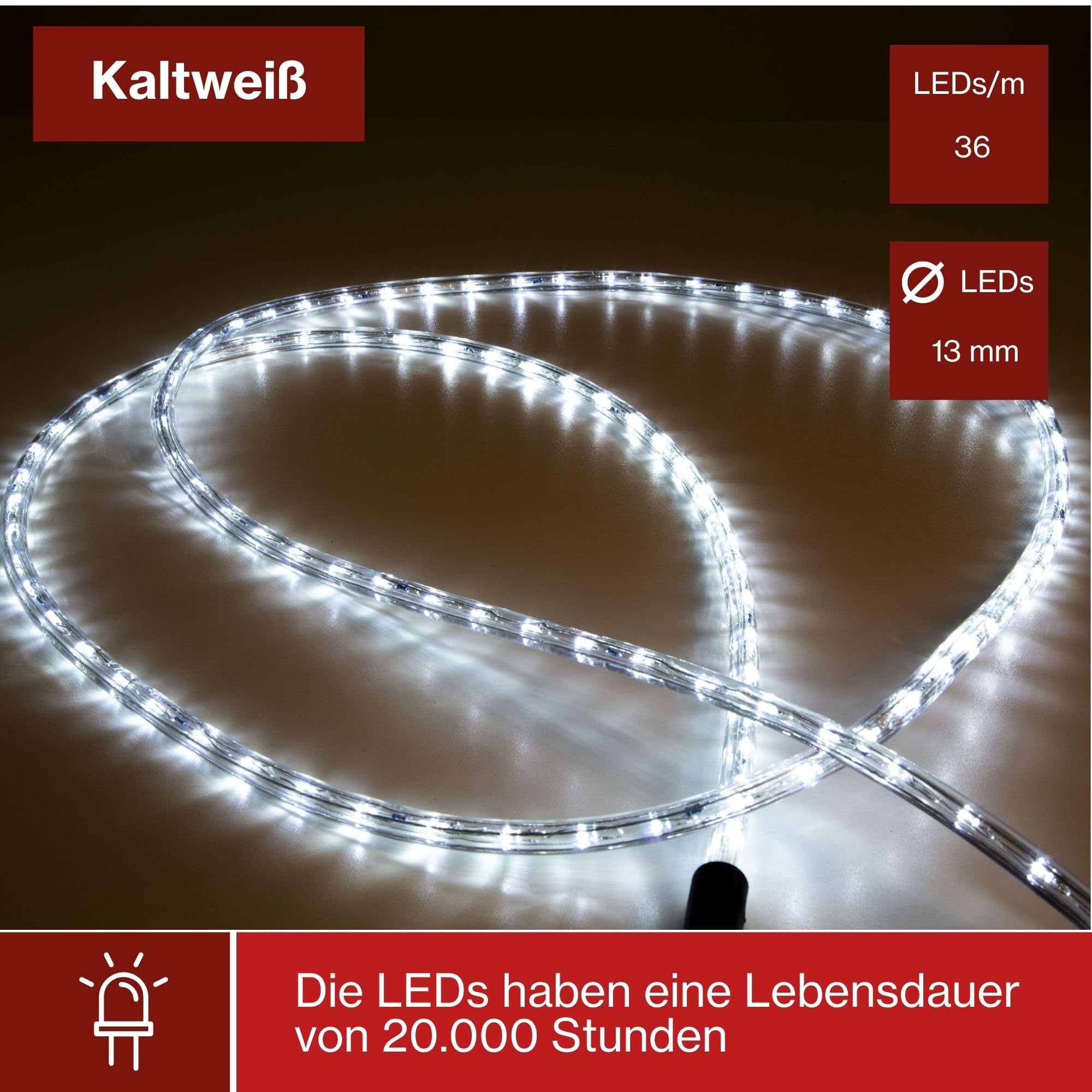 HQ-Power Flexibler LED-Lichtschlauch auf Trommel, Sicherheitsbeleuchtung für Profis, 6500 °K 2850 lm, zum Beleuchten von Baustellen, Treppenhäusern, Aufzugsschächten, geeignet für innen und außen, 30