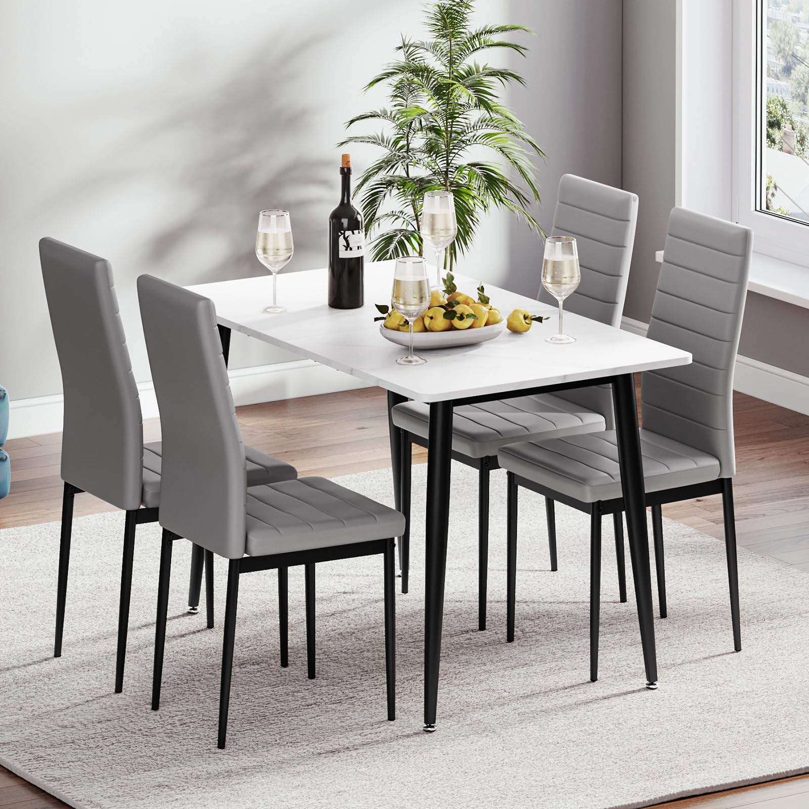joolihome living White Dining Table and Chairs Set 4, 120 CM Dining Table Set for 4 with Marble Effect Table and Faux Leather High Back Dining Chairs, Table Chairs Set 4 for Kitchen and Dining Room