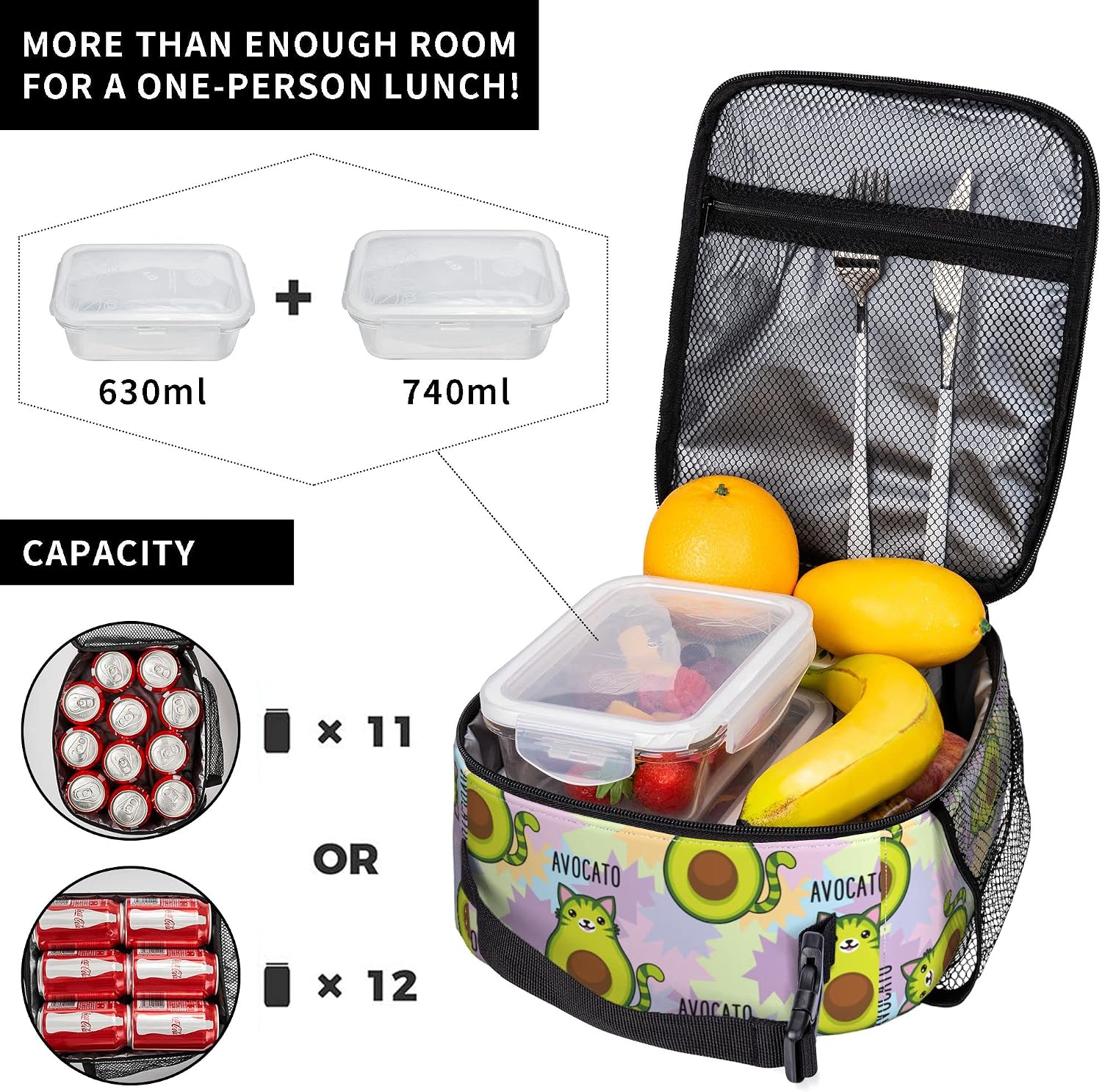 Cute Cartoon Avocado Cat Insulated Lunch