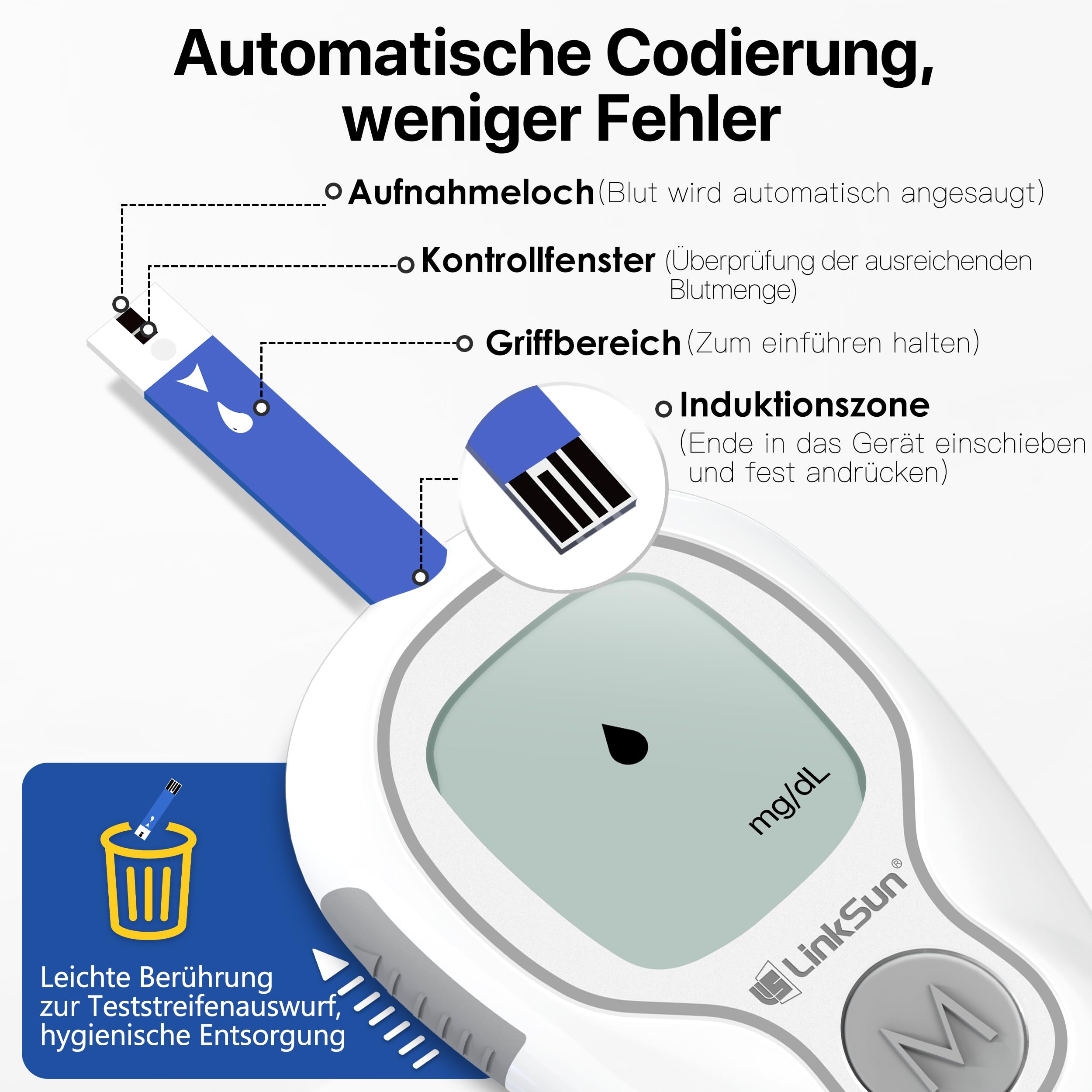 LinkSun G-425-3 Blutzuckermessgerät Set (mg/dL) mit 100 Teststreifen, 100 Lanzetten, Stechhilfe, Glucose-Kontrolllösung, Codierungsfrei, mg/dL & mmol/L