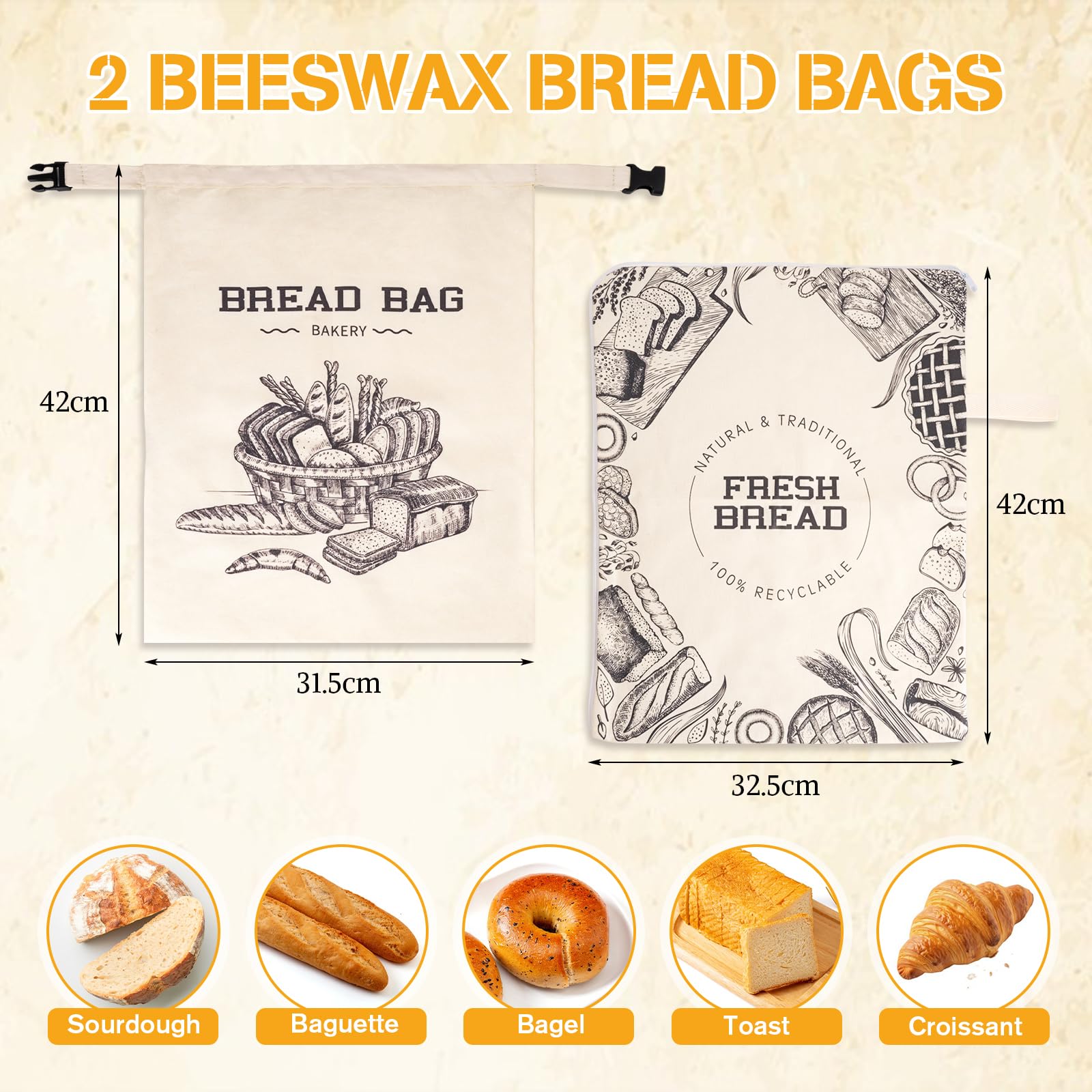 2 bolsas de pan, bolsas de pan reutilizables de cera de abejas, bolsas de lino para masa madre, bolsas de algodón con revestimiento de cera de abeja natural para pan, frutas y verduras (1)