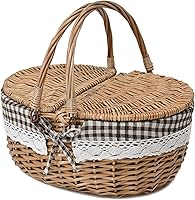 Vista 11 de Cesta de picnic de mimbre con tapa y asa, cuerpo tejido resistente con forro lavable, rayas azules
