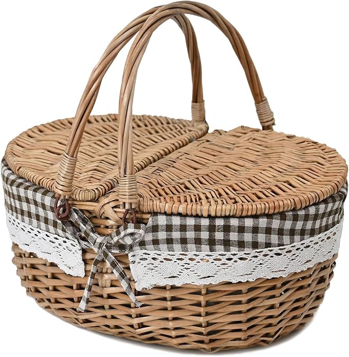 Wicker Picnic Basket with Lid and Handle Sturdy Woven Body with Washable Lining,Cherry Pattern