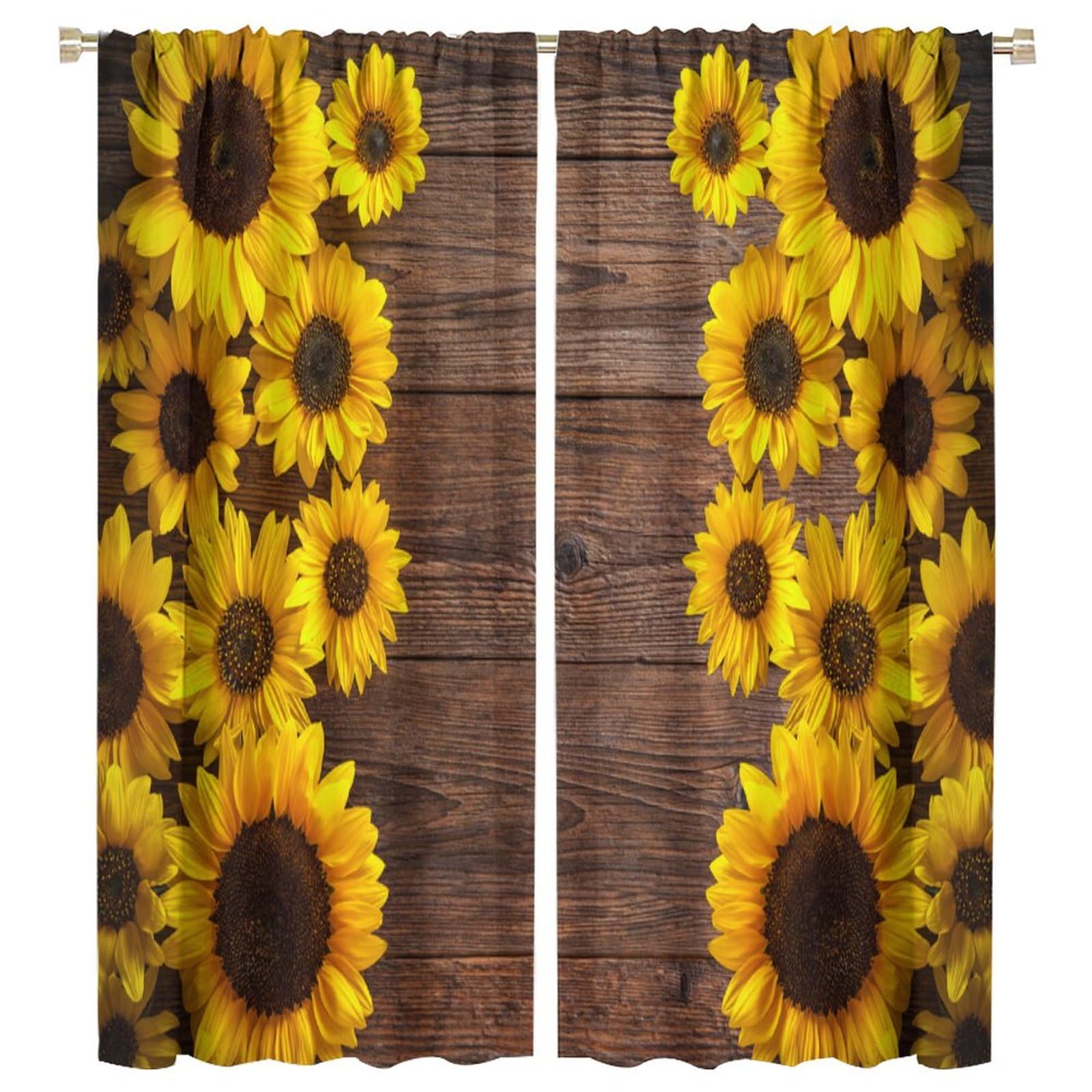 BenYaSong Rustic Sunflower Kitchen Curtains, Farmhouse Yellow Floral Vintage Boho Flower for Home Kitchen Livingroom Coffee Room Window Curtain Drapes 2 Panels 55x63in