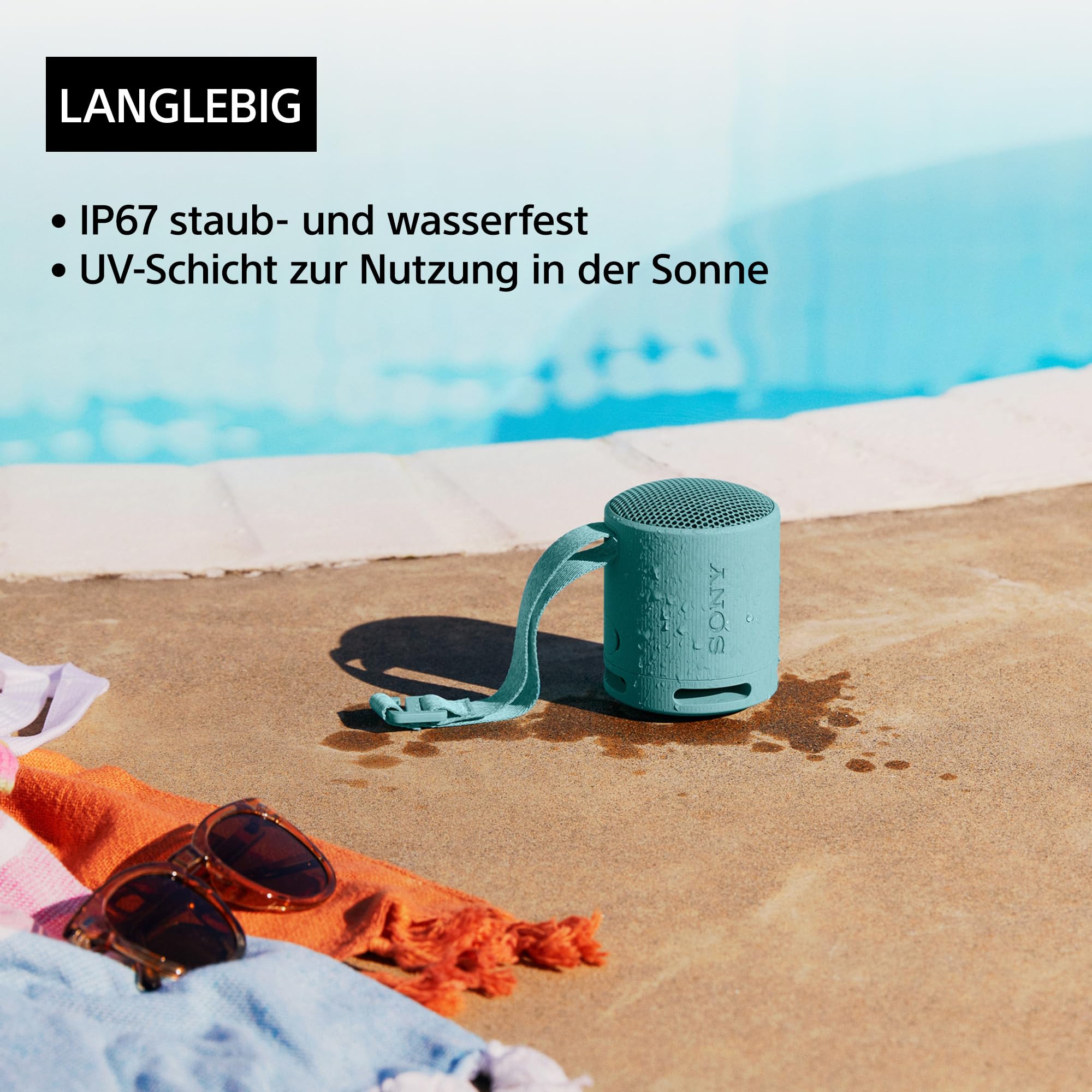 Sony SRS-XB100 - Kabelloser Bluetooth-Lautsprecher, tragbar, leicht, kompakt, Outdoor, Reise, langlebig, IP67 wasser- und staubdicht, 16 Std Akku, Trageriemen, Freisprechfunktion, schwarz