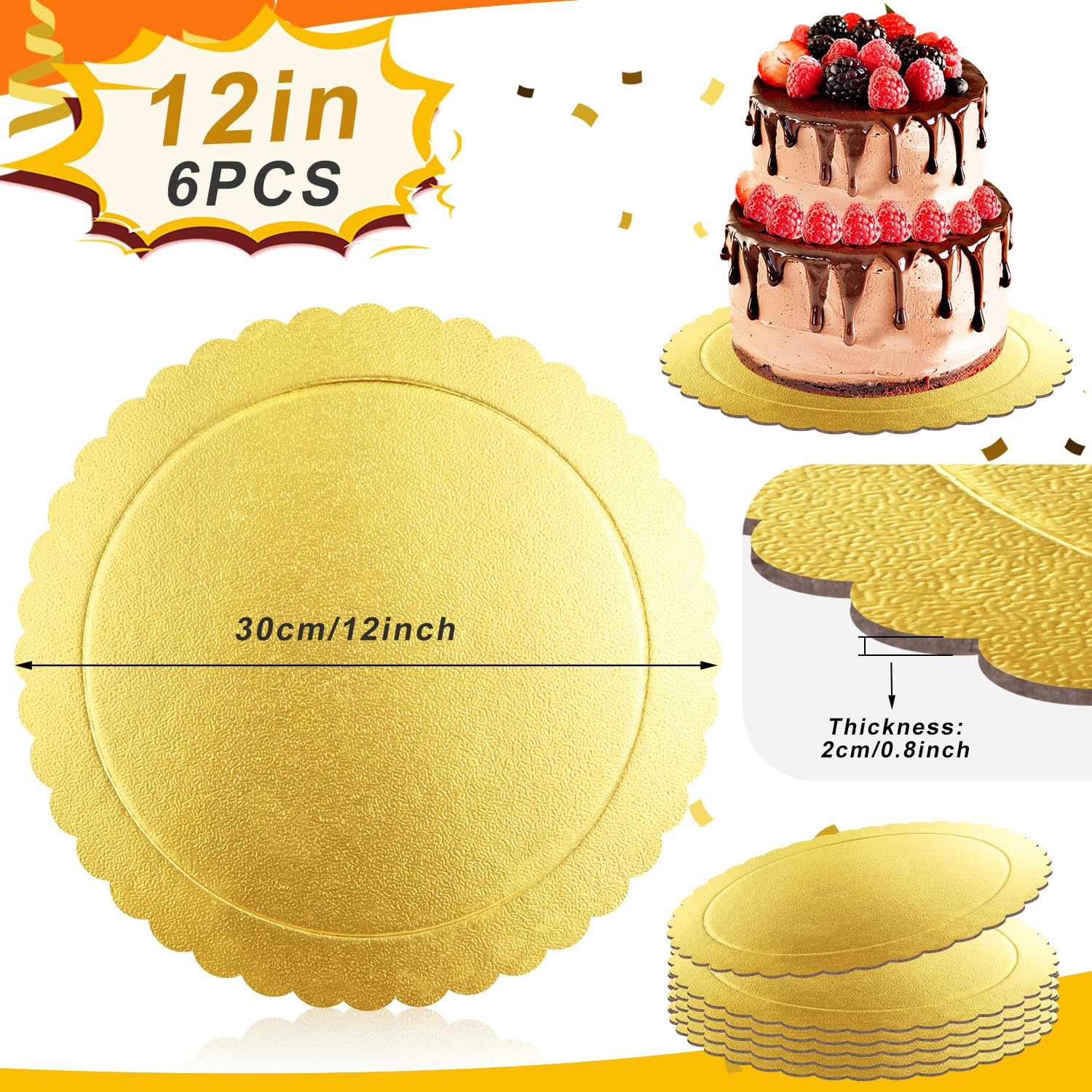 Sottotorta Tondo Cake Board Vassoio Torta Rotondo 30cm sotto torta rotondo 6Pcs Base Torta Cartone per Decorazione di Torte di Matrimoni e Feste di Compleanno (12 inch Gold)