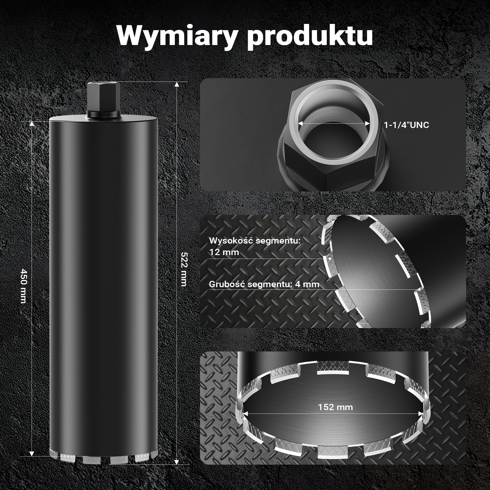 Wiltec Wiertło diamentowe koronowe typu Mesh Ø 152 mm o długości 450 mm, 1¼ UNC, do wiercenia w betonie, kafelkach, kamienia i granitu