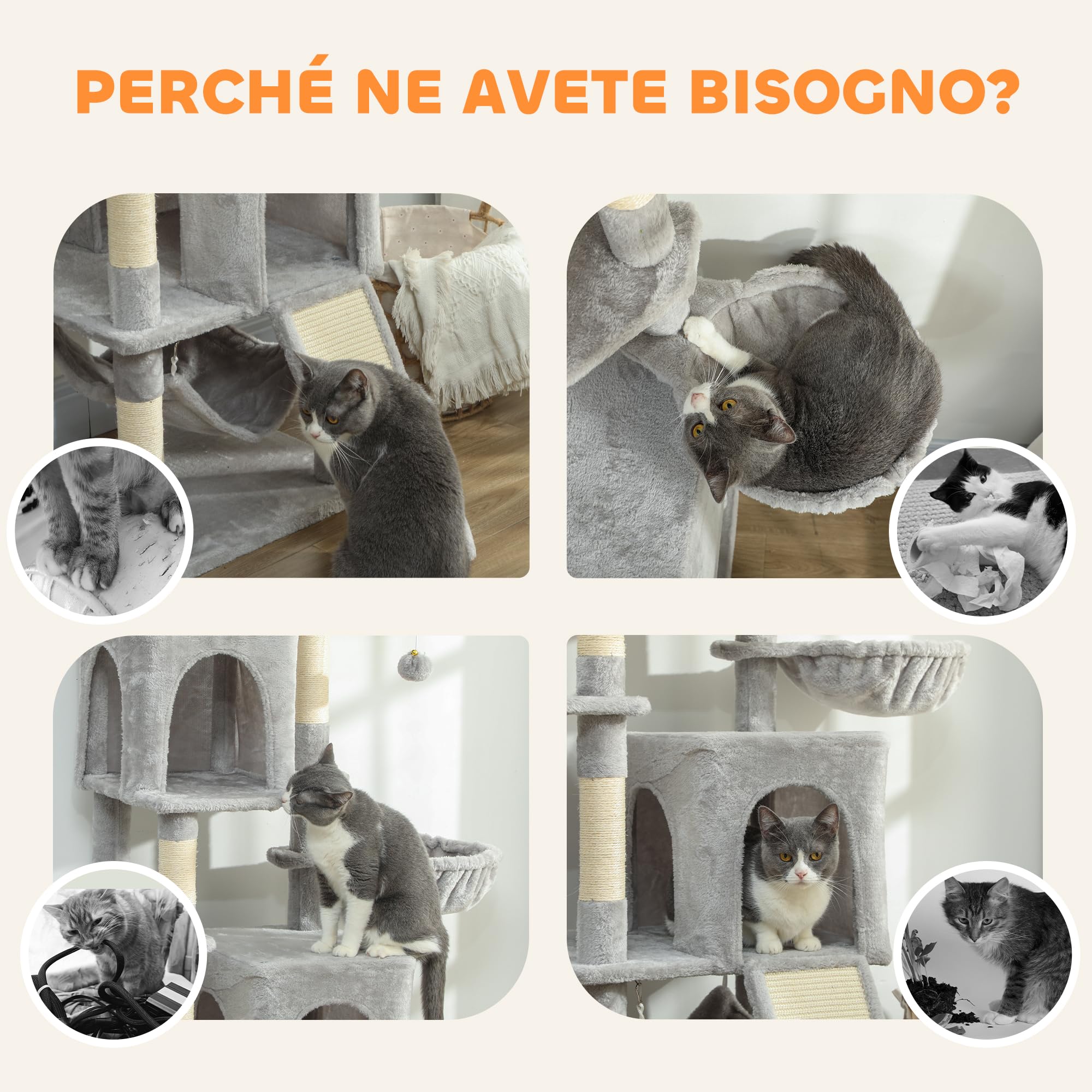 PawHut Tiragraffi per Gatti Alto 177cm Multilivello 2 Grotte Grigio Chiaro | Albero per Gatti, 5 Pali Graffiatoi, 2 Cucce, 2 Amache, 2 Pompon, Piattaforma, Scala, Torre per Gattini, in Peluche