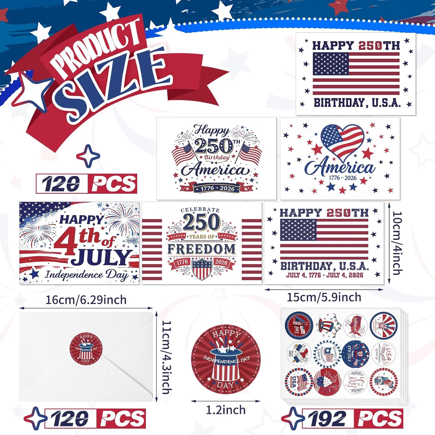 Sherr 120 Pcs Patriotic 4th of July Greeting Cards Bulk for 250th Anniversary with 120 White Envelopes and 24 Stickers Veterans Memorial Independence Day 4 x 6 Inch Note Cards for America Party