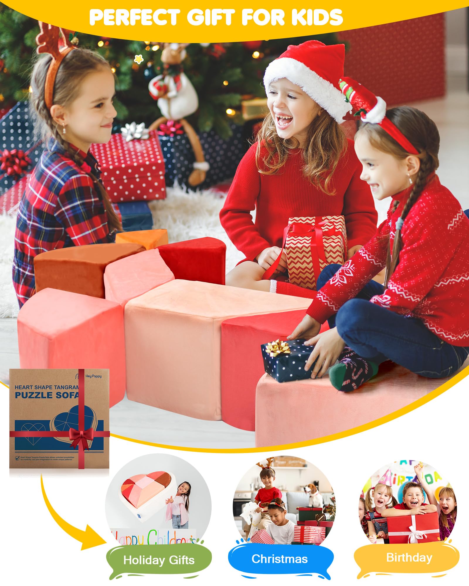 Heypappy Canapé Modulaire pour Enfants,2-en-1 Forme Cœur avec Piscine à Balles Unique - Canapé Enfant de Jeu Tangram pour Salle de Jeux - Inspire la Créativité
