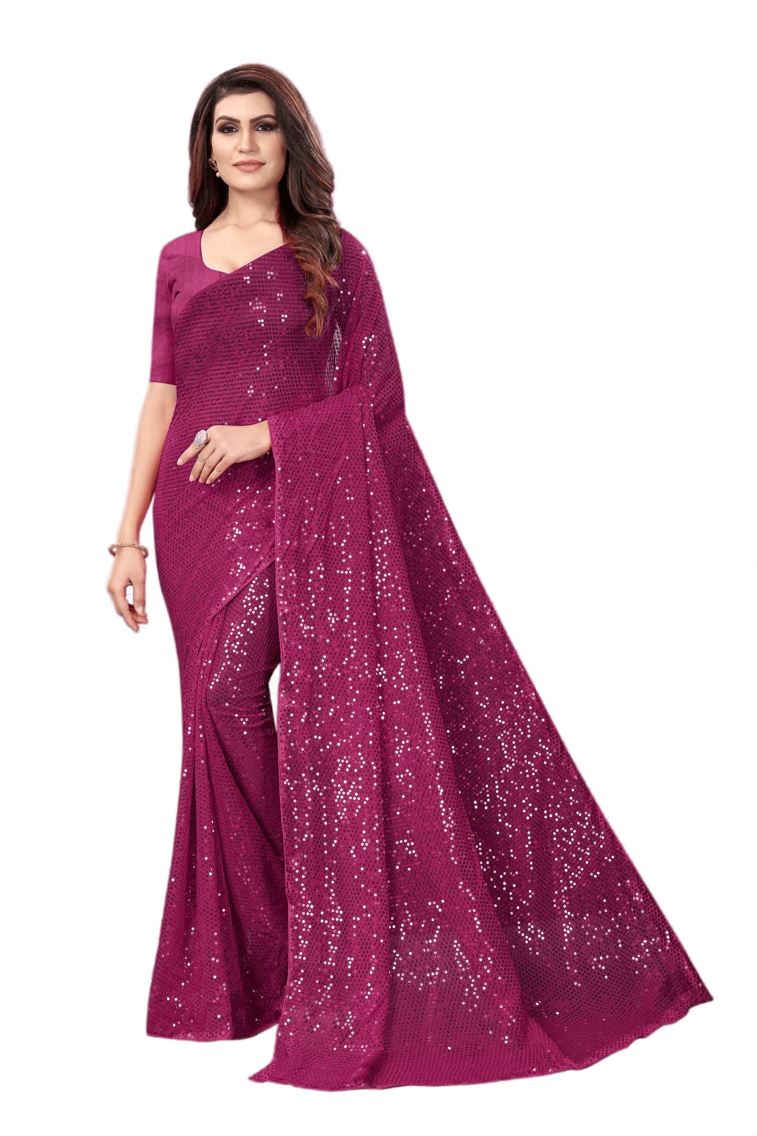 ScallopWomen's Sequins Georgette Fancy Saree With Blouse Piece