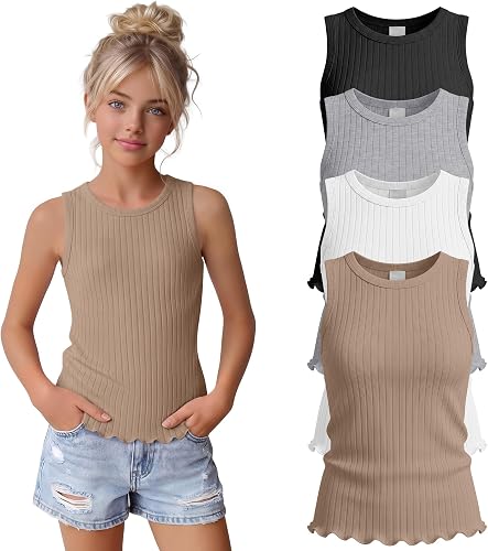 Vinsatin 4 Pack Girls Ribbed Tank Tops, 4-Color, 11-12 Years