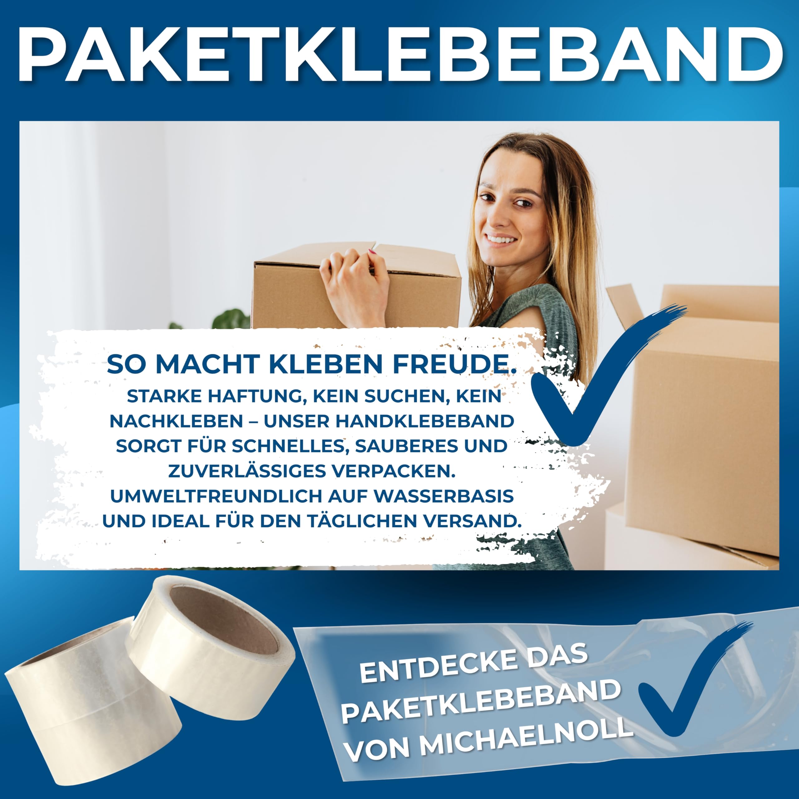 MichaelNoll Paketklebeband, Klebeband, Paketband, Packband für Lager, Versand, Transport und Verpacken von Paketen, transparent, durchsichtig, klar, farblos, 66 m x 48 mm (144, Transparent)