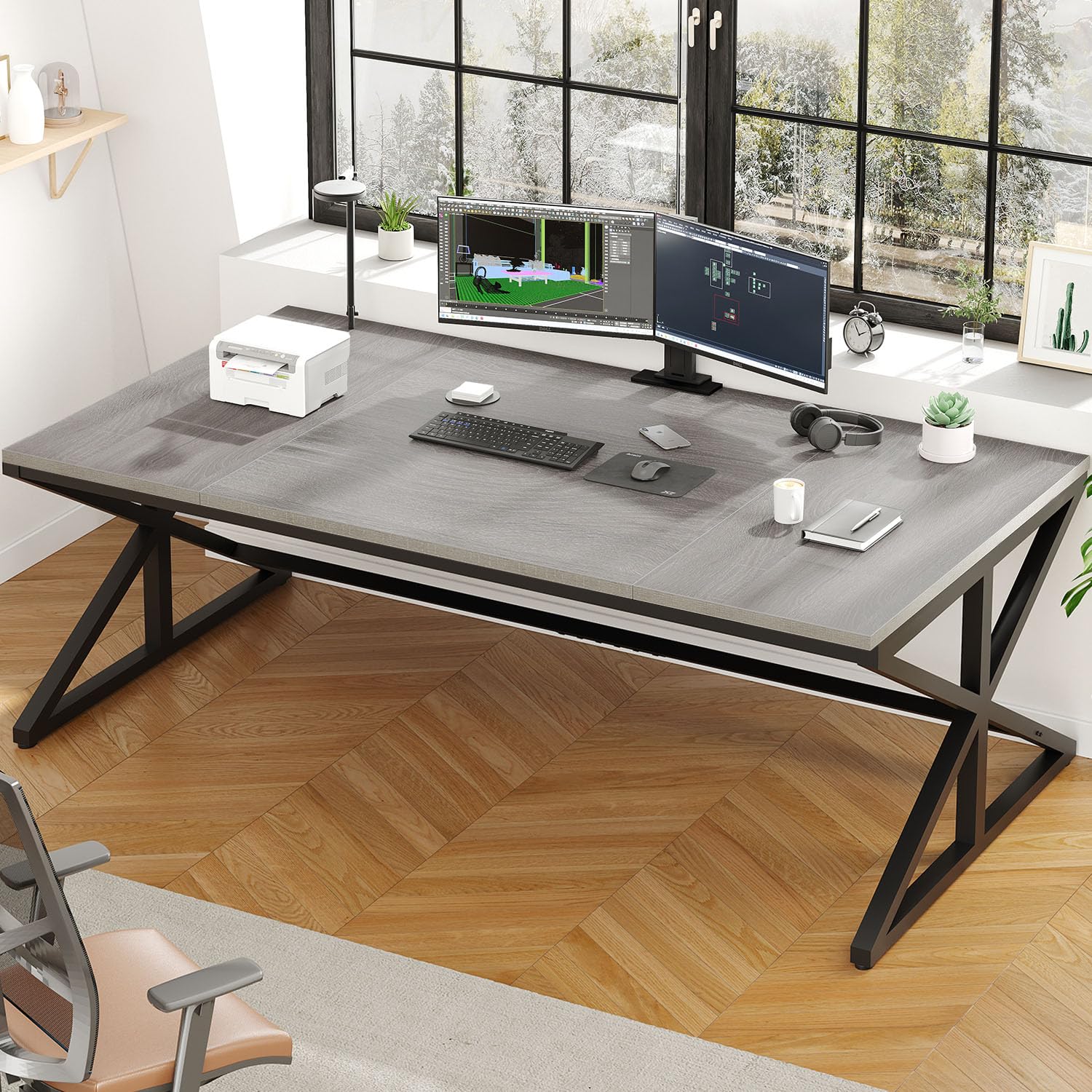 IBF Computerbureau, 180 cm, groot, modern, van hout, lang en industrieel, voor thuiskantoor, pc, studie, gaming en werk, uitvoerend kantoor voor 2 personen, met opslag, lichtgrijs