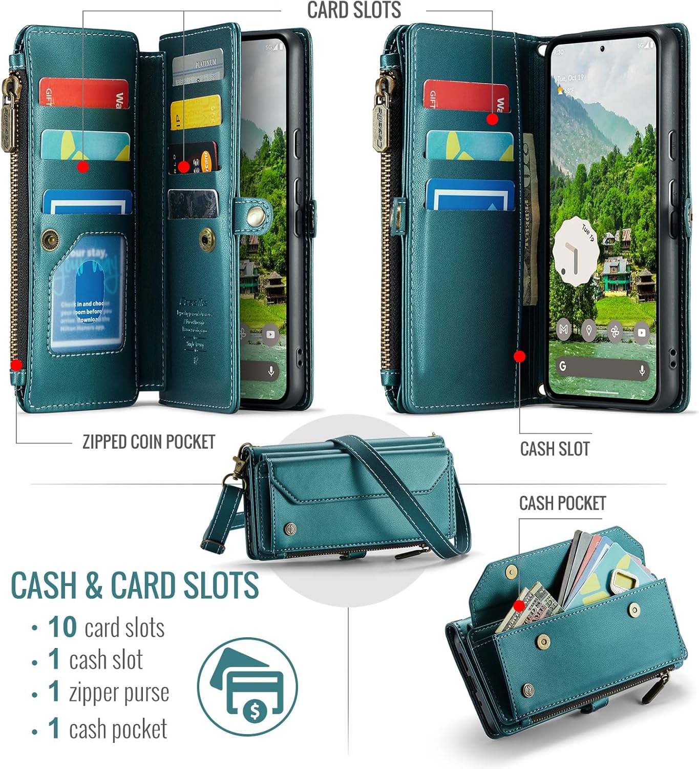 Dteck Flip Wallet Case for Google Pixel 10 Pro XL (2025, 6.8") with Wrist Strap/Crossbody Shoulder Strap, 7 Card Slots, 2 Pockets, RFID Blocking, Lightweight PU Leather Protective Stand Case, Green