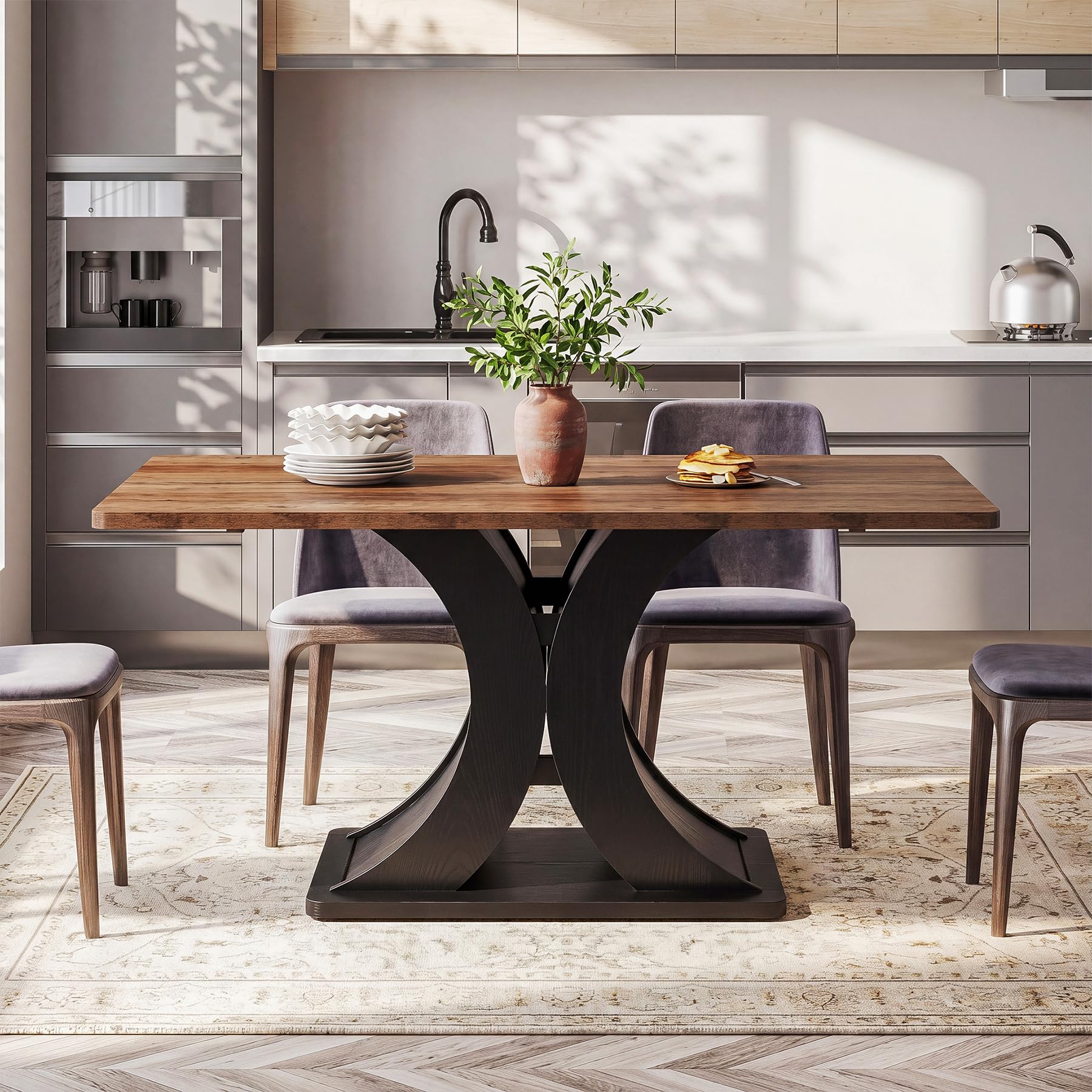 Tribesigns Mesa de comedor 140 x 80 cm, mesa de cocina industrial rústica para 4-6, mesa rectangular de madera con base de metal macizo, negro y marrón, fácil montaje