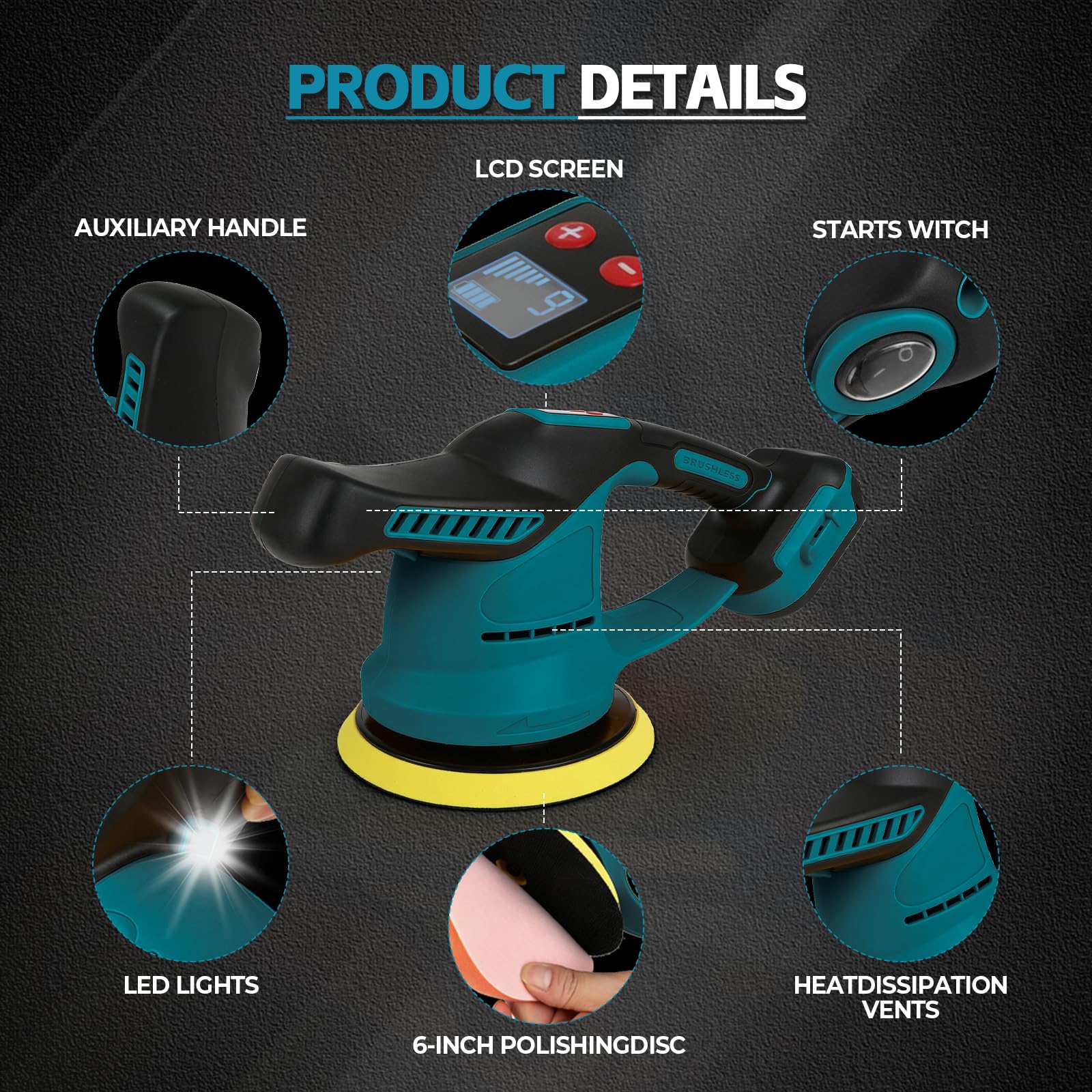 Lucidatrice auto per Makita 18 V, lucidatrice eccentrica senza spazzole da 15,2 cm, con velocità a 6 livelli fino a 6000 giri/min, per lucidatura, cera, trattamento auto (blu, per Makita)