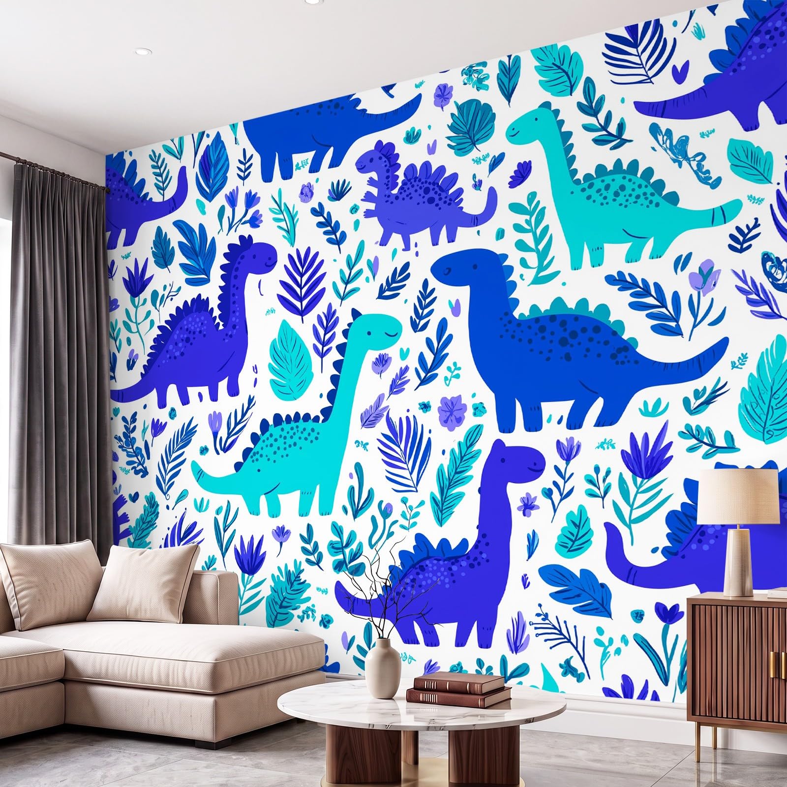 Tapeta 3D przytulna, zabawna, kreskówkowa, 315 x 215 cm, mural ścienny, dinozaur, zwierzę, niebieska tapeta do sypialni, przedszkola, malowniczego ogrodu