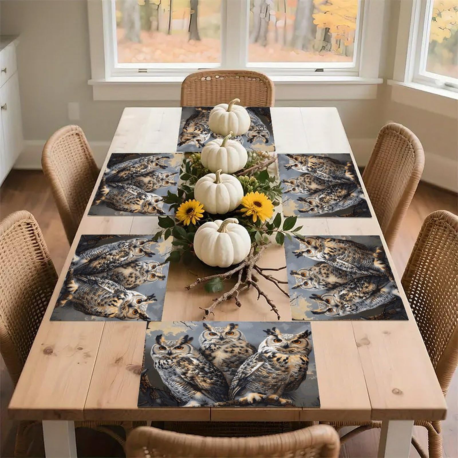 Owl Birds Placemats Wipeable Heat Resistant Table Mats Washable Flax Place Mats Elegant Cloth Non-Slip Placemat for Kitchen Dinning Party Table Decor 12 * 18 in