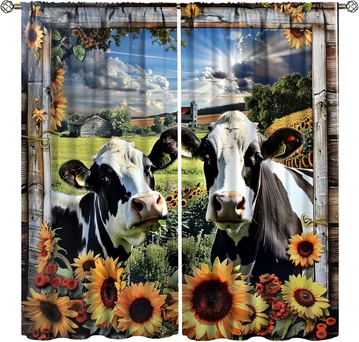 Rideau occultant thermique 3D vache et fleur pour chambre d'enfant 2 panneaux