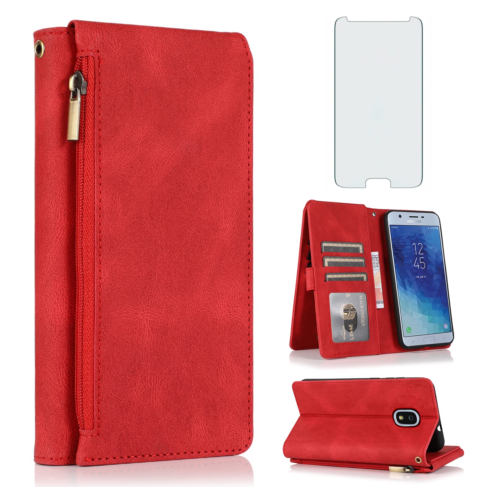 Compatible with Samsung Galaxy J7 Star J 7 Crown 7J Refine 2018 J7V V 2nd Gen Wallet Case Tempered Glass Screen Protector Zipper Leather Flip Cover Card Holder for Aura S767VL SM J737V Women Men Red
